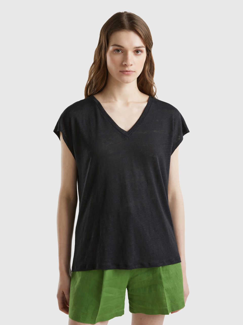 Benetton, V-neck T-shirt In Pure Linen, Black, Women