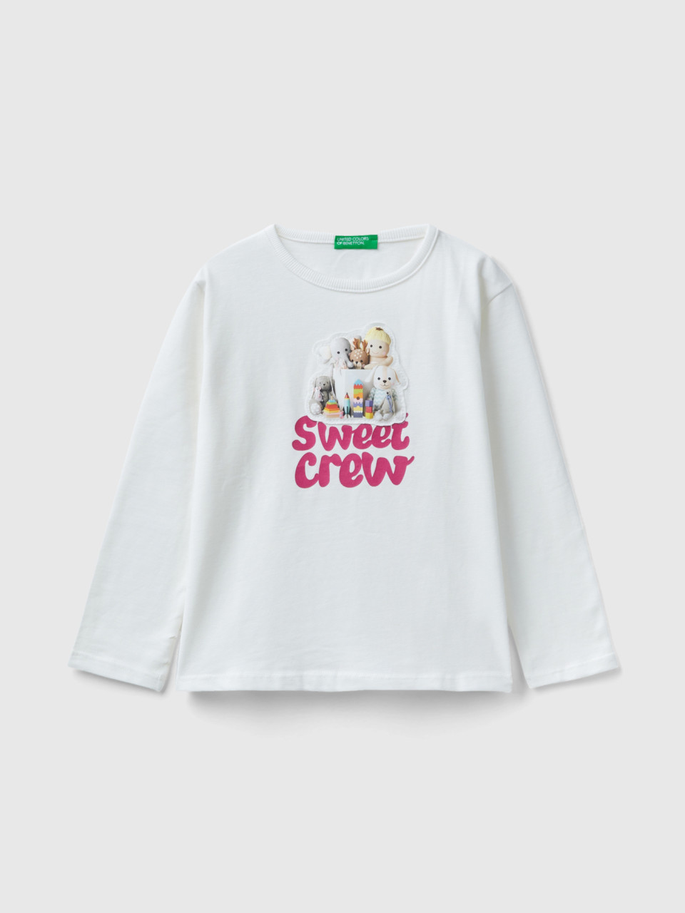 Benetton, T-shirt With Print And Applique, Creamy White, Kids