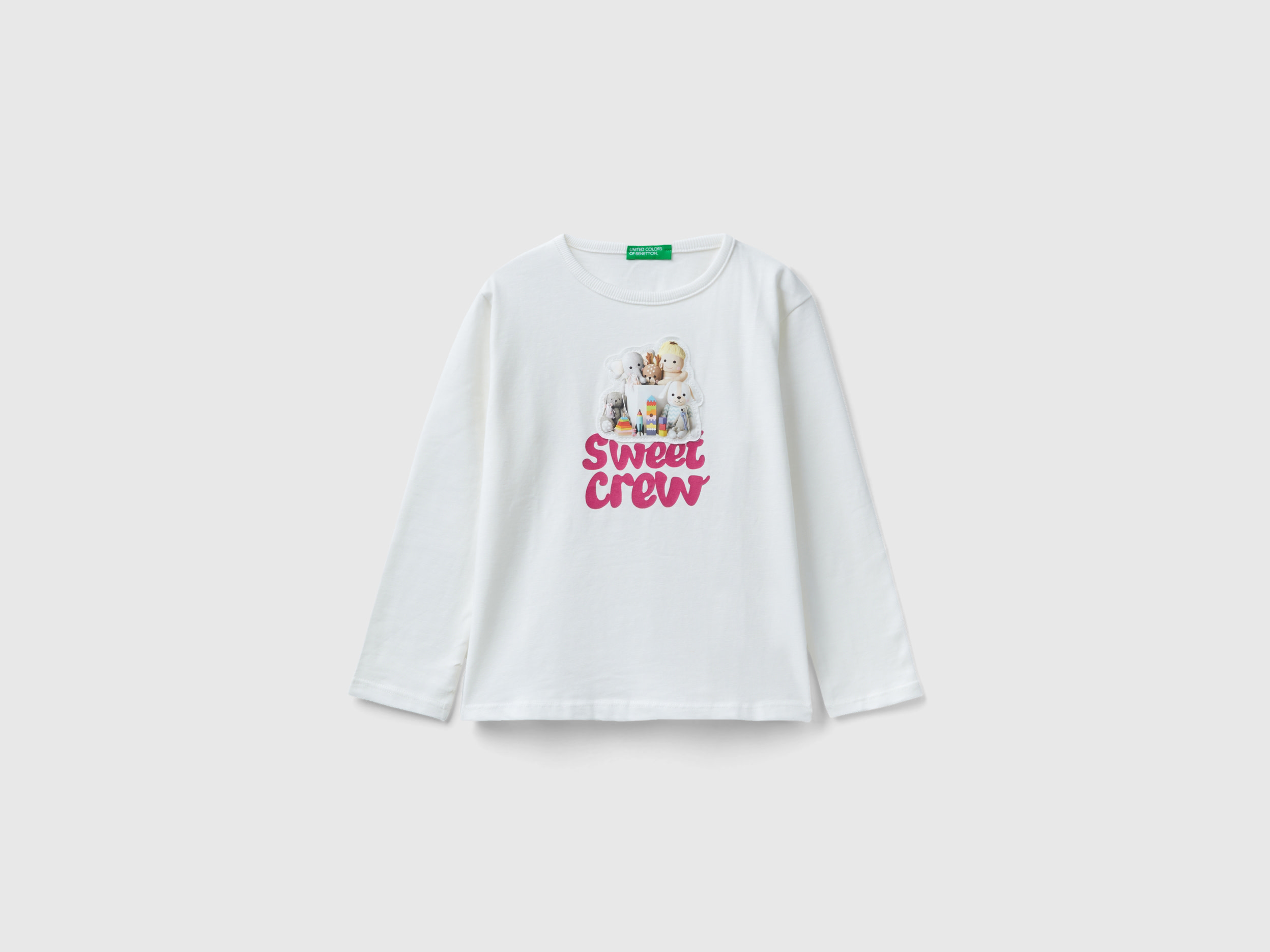 Benetton, T-shirt With Print And Applique, size 2-3, Creamy White, Kids