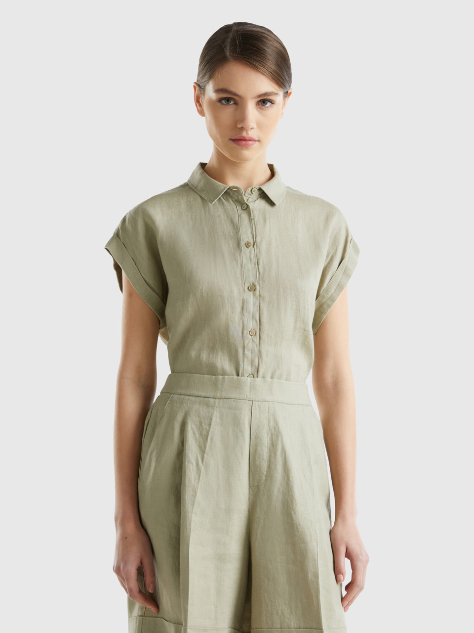 Benetton, Boxy Fit Shirt In Pure Linen, Light Green, Women