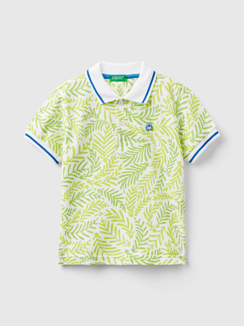 Benetton, Weißes Poloshirt Mit Tropischem Print, Weiss, male