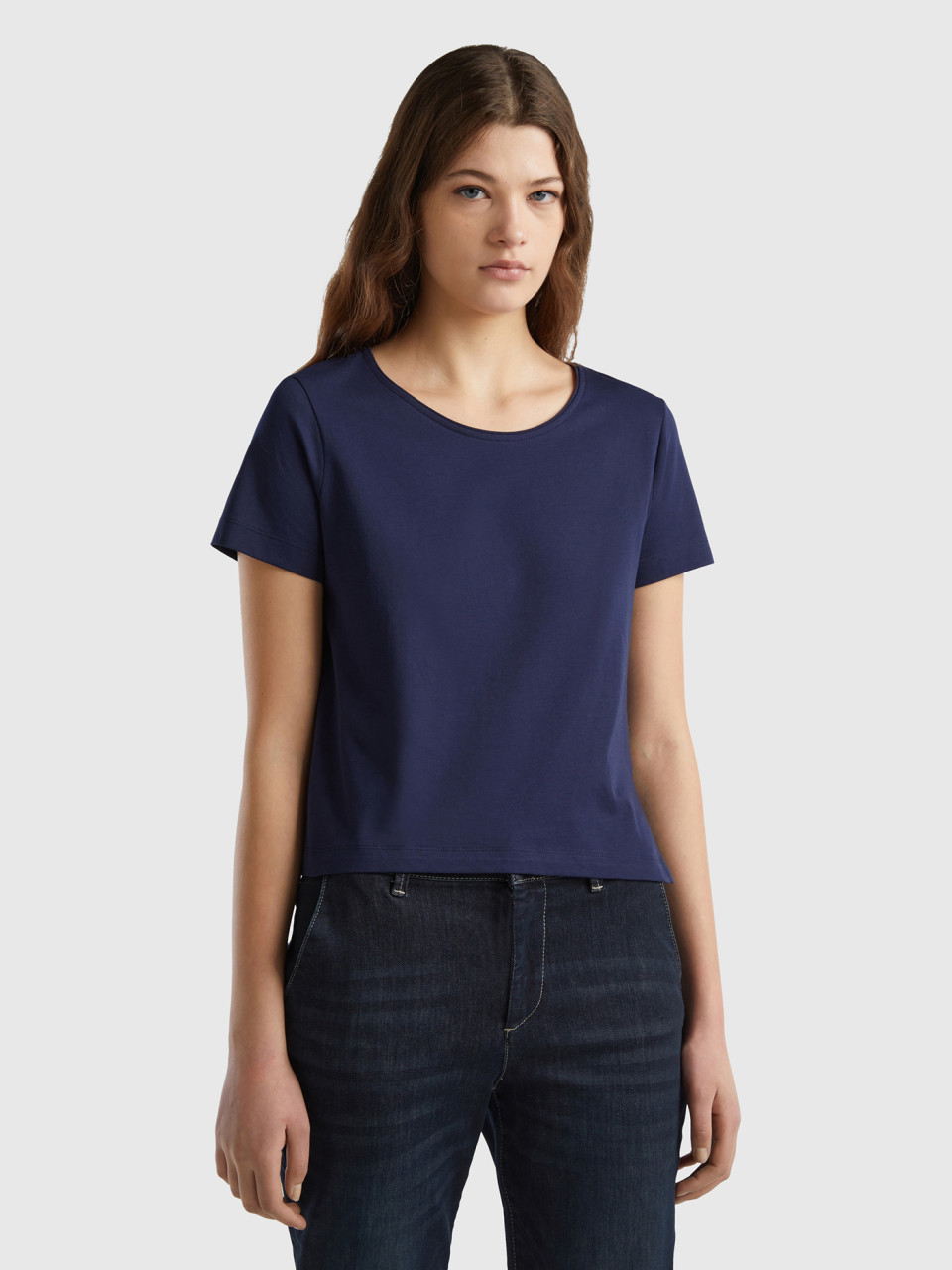 Benetton, Short Sleeve T-shirt With Slit, Dark Blue, Women