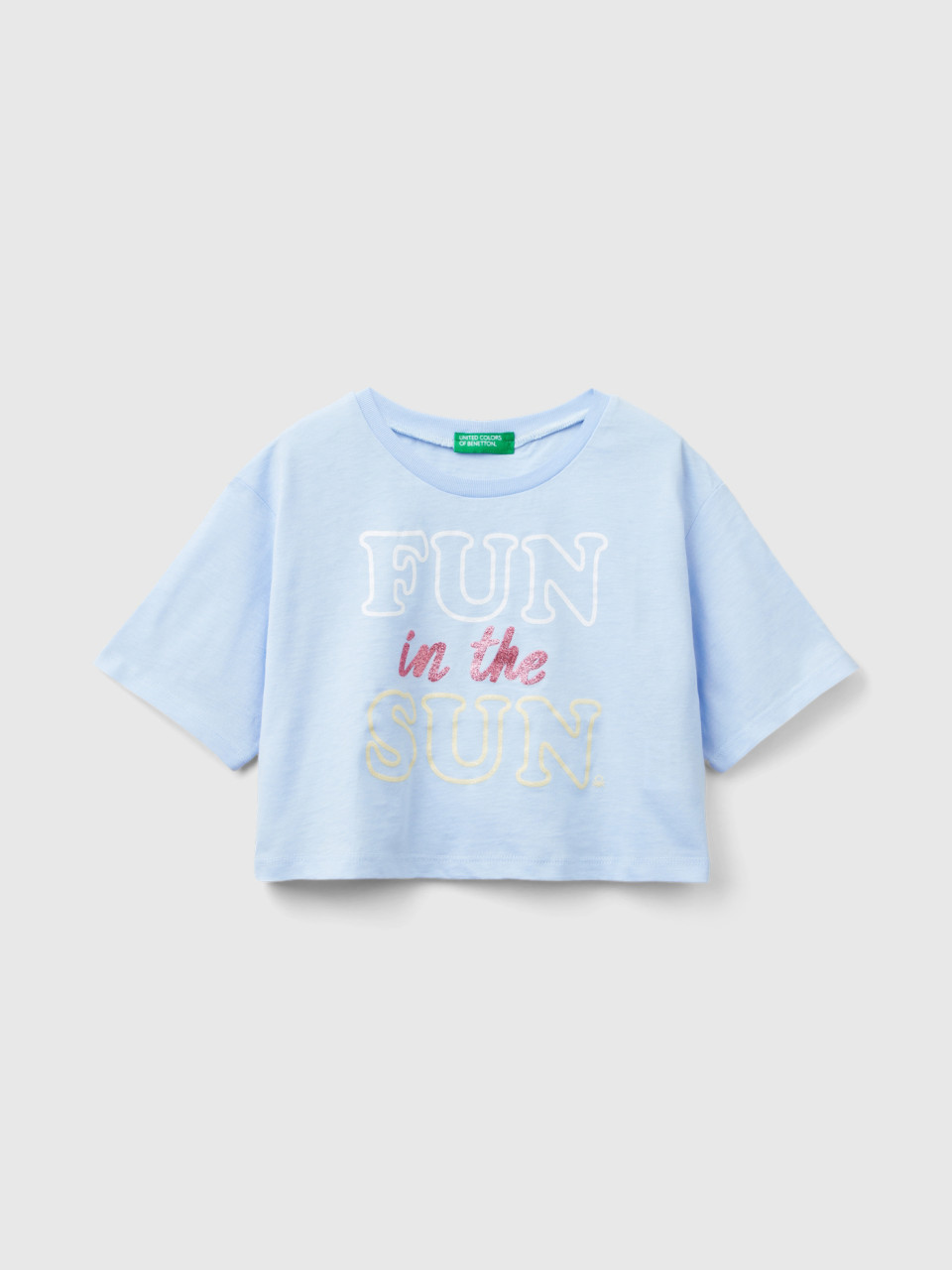 Benetton, T-shirt With Glittery Print, Sky Blue, Kids