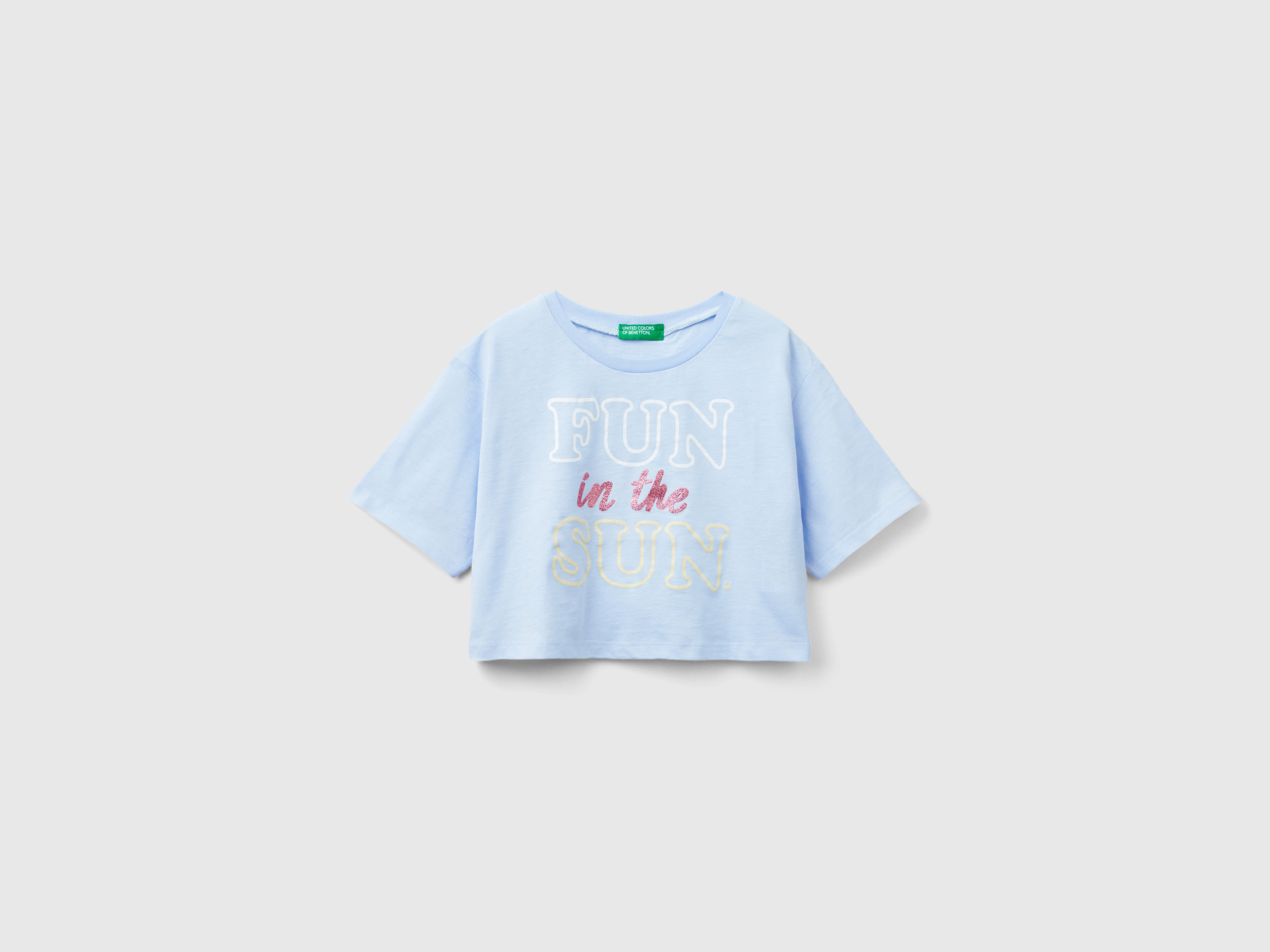 Image of Benetton, T-shirt With Glittery Print, size 2XL, Sky Blue, Kids