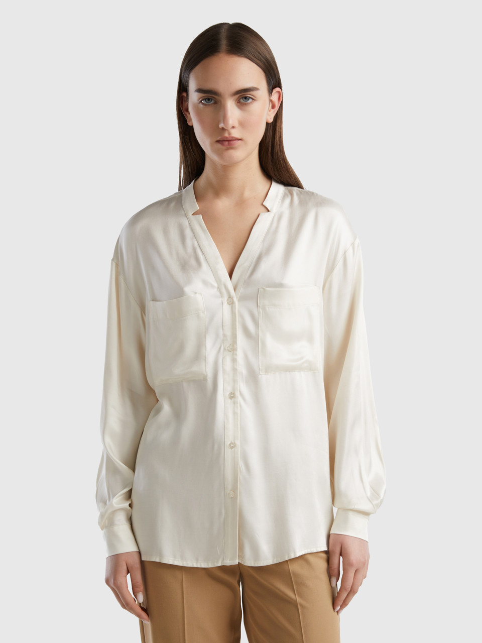 Benetton, Pure Viscose Shirt With Pockets, Creamy White, Women