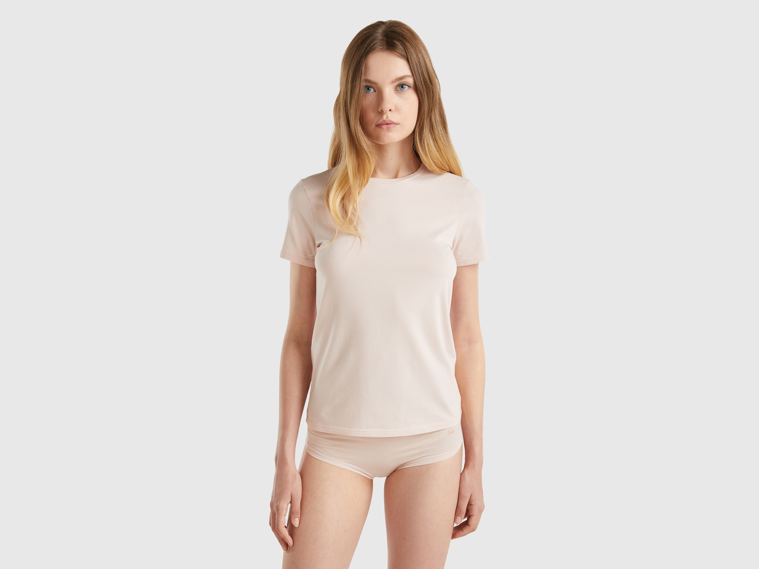 Benetton, T-shirt Manica Corta In Cotone Bio Super Stretch, Rosa Pastello, Donna