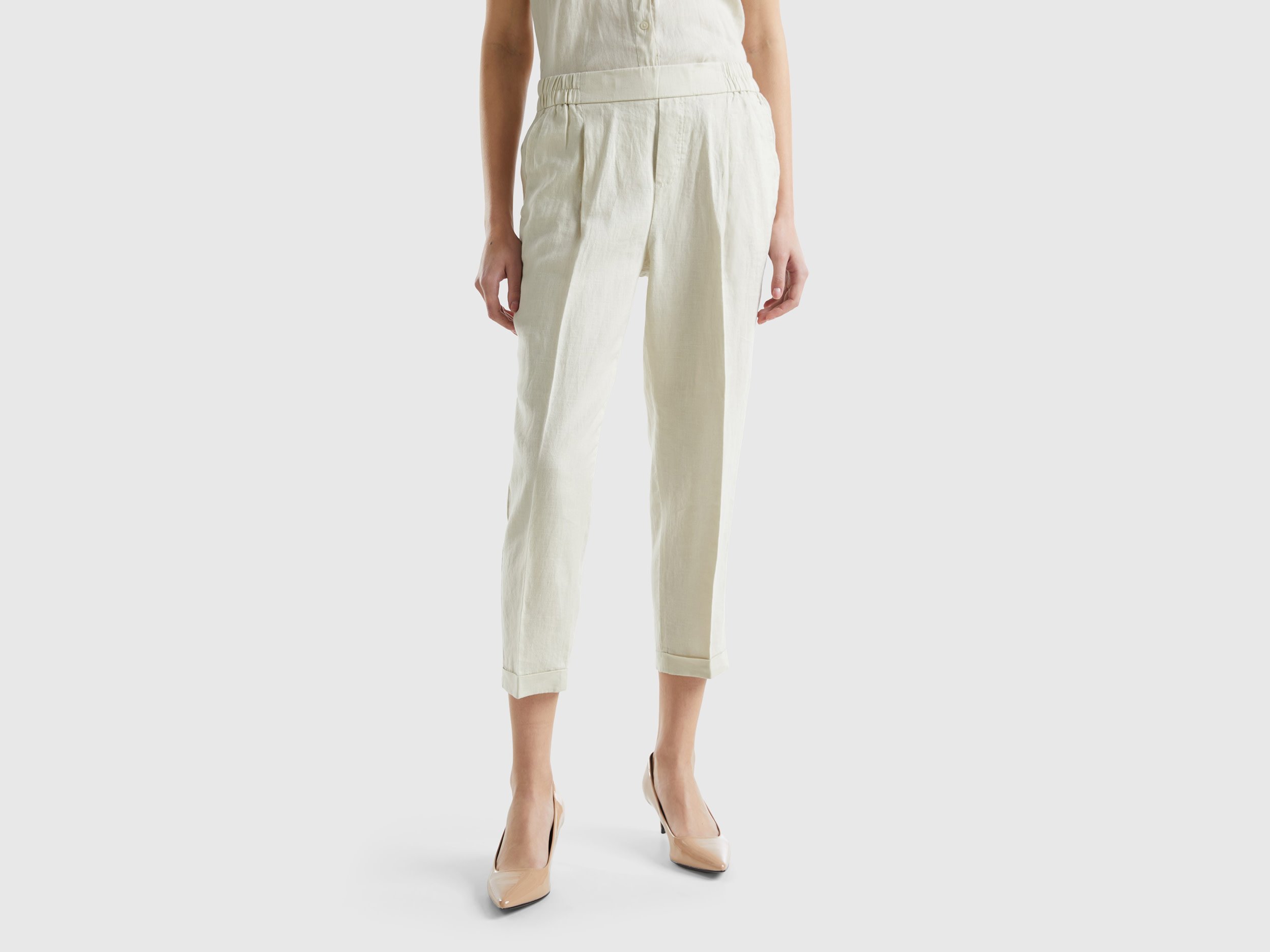 Benetton, Pantaloni Cropped In 100% Lino, Beige, Donna
