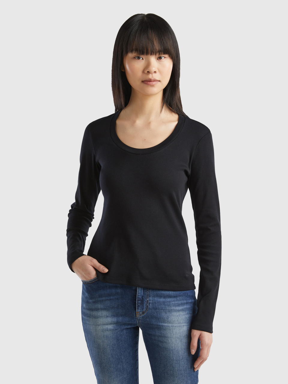 Benetton, Long Sleeve Pure Cotton T-shirt, Black, Women