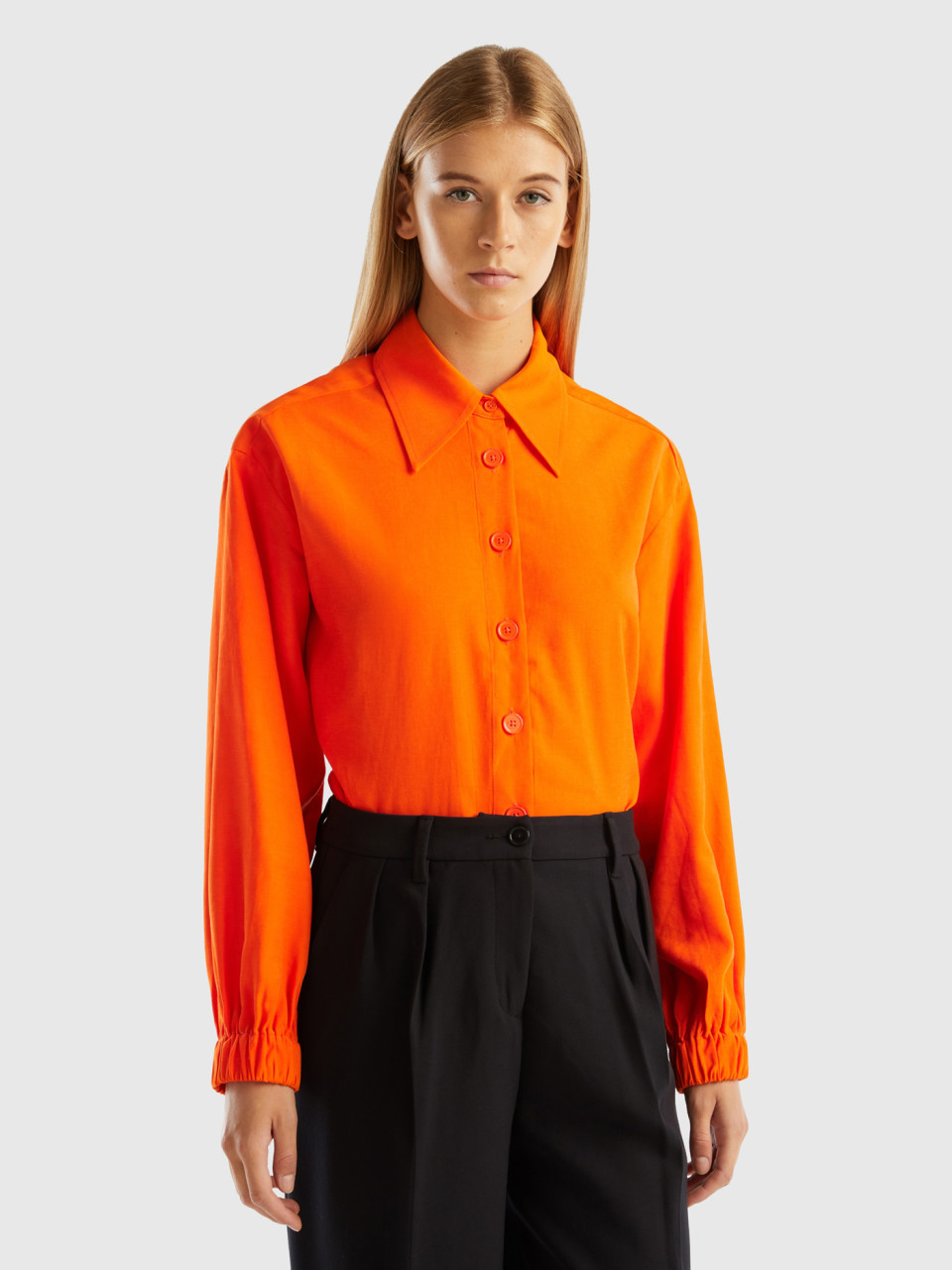 Benetton, Viscose And Linen Shirt, Orange, Women