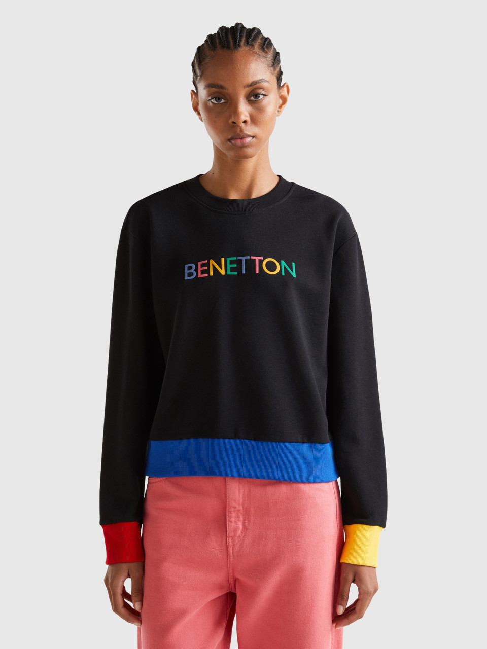 Benetton, Pullover Sweatshirt With Logo Print, Black, Women