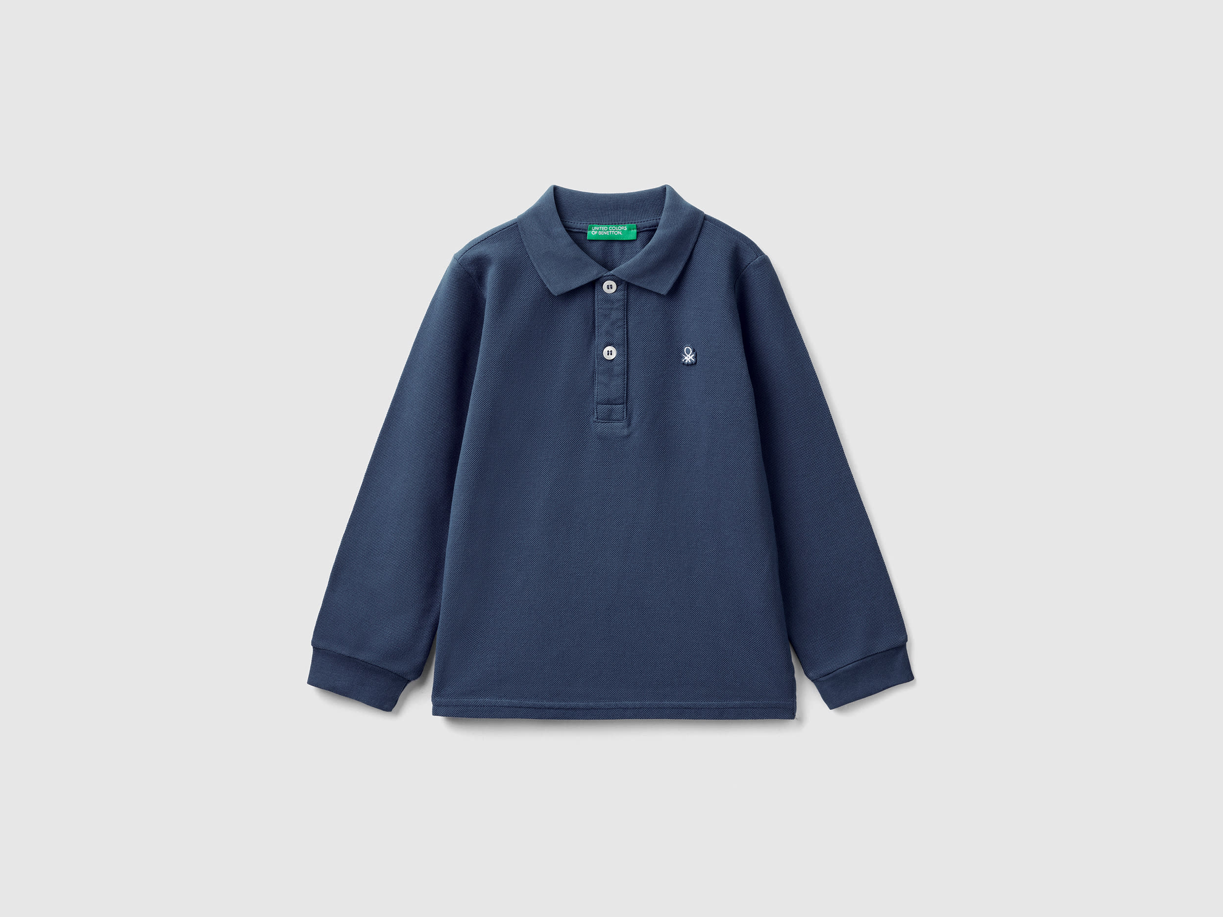 Image of Benetton, Long Sleeve Polo In Organic Cotton, size 90, Dark Blue, Kids