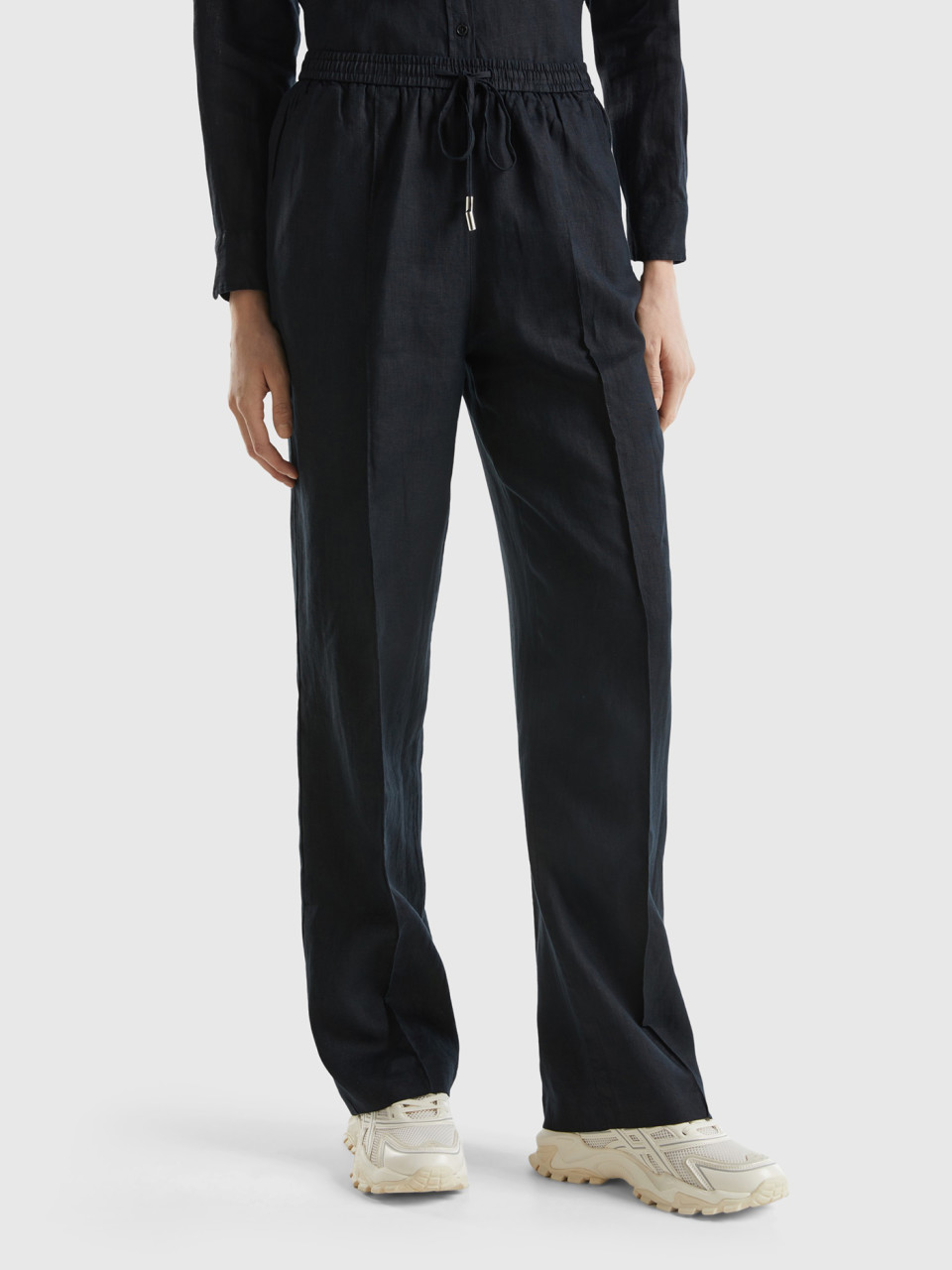 Benetton, Trousers In Pure Linen With Elastic, Black, Women