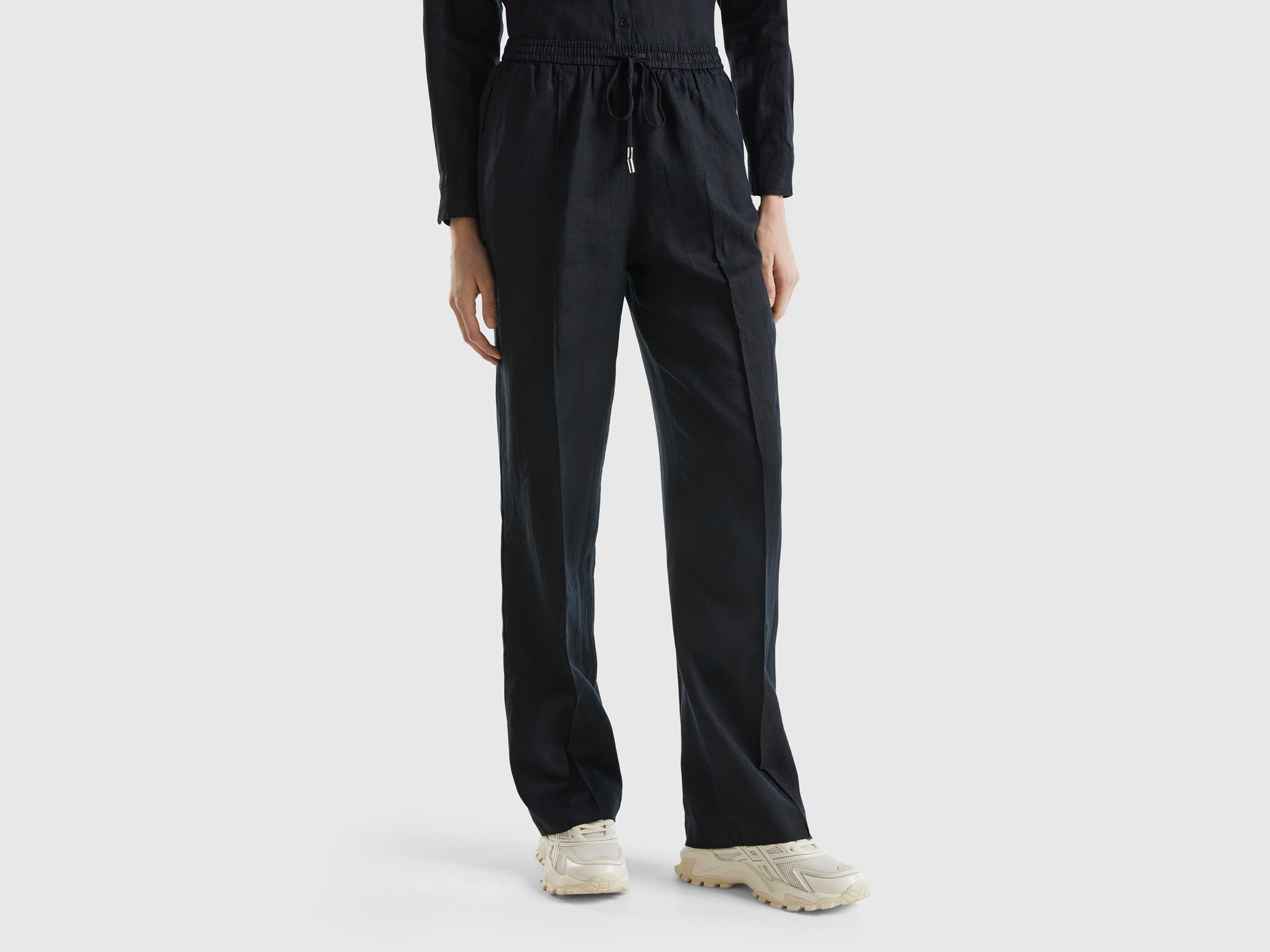 Benetton, Pantaloni In Puro Lino Con Elastico, Nero, Donna