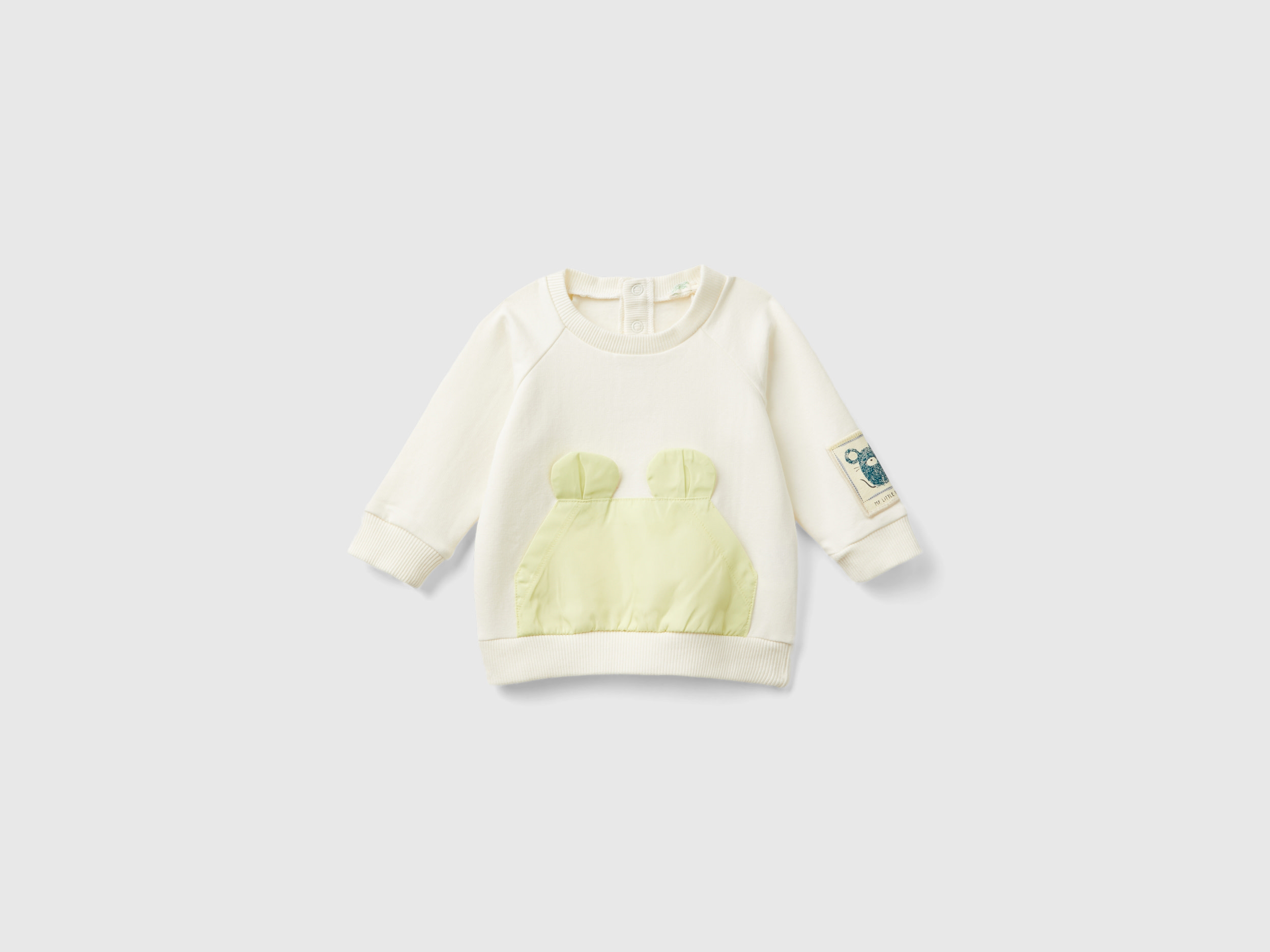 Benetton, Felpa Con Tasca E Applicazione, Bianco Panna, Bambini
