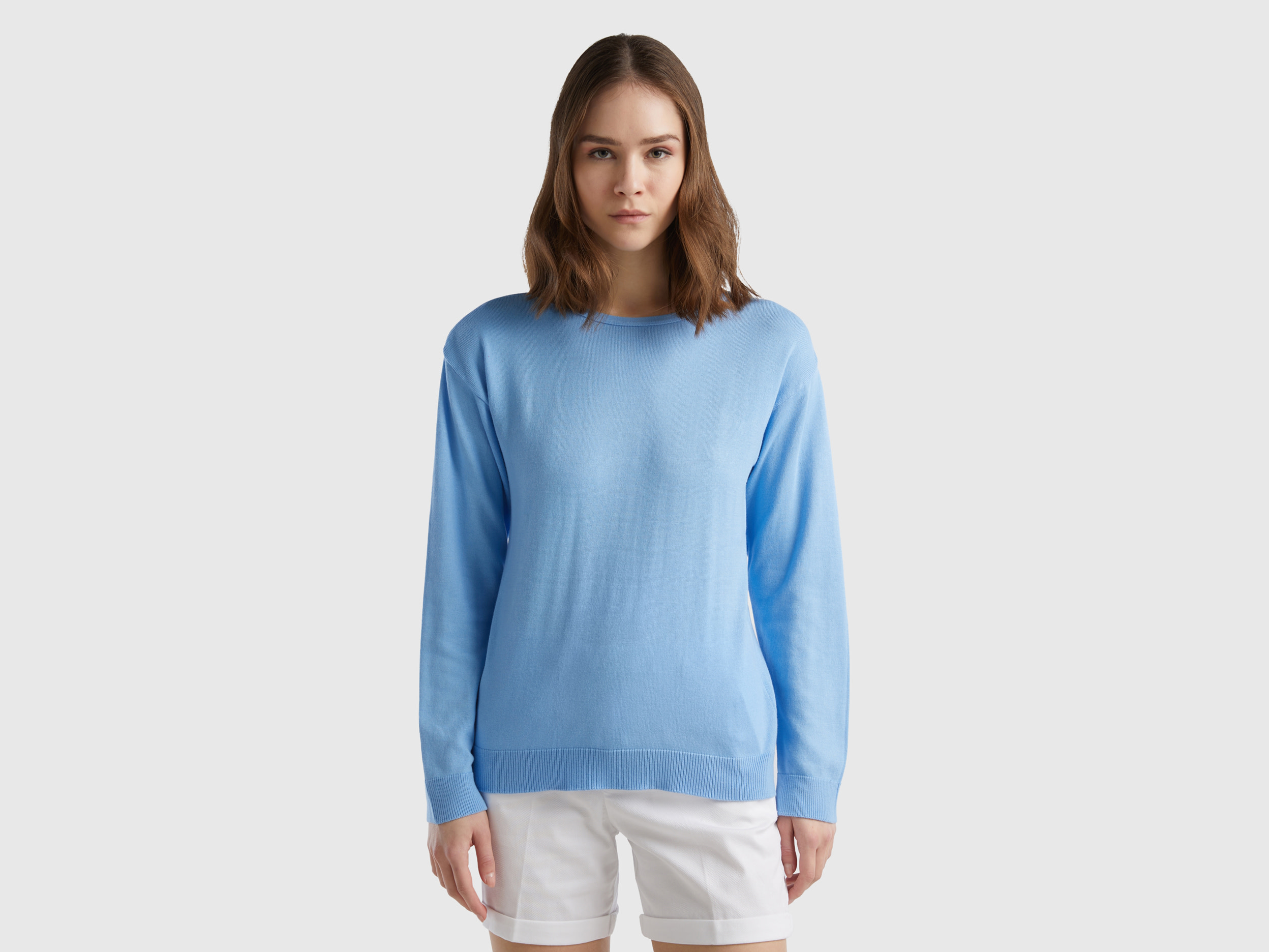 Benetton, Maglia Con Scollo A Barchetta, Blu Chiaro, Donna