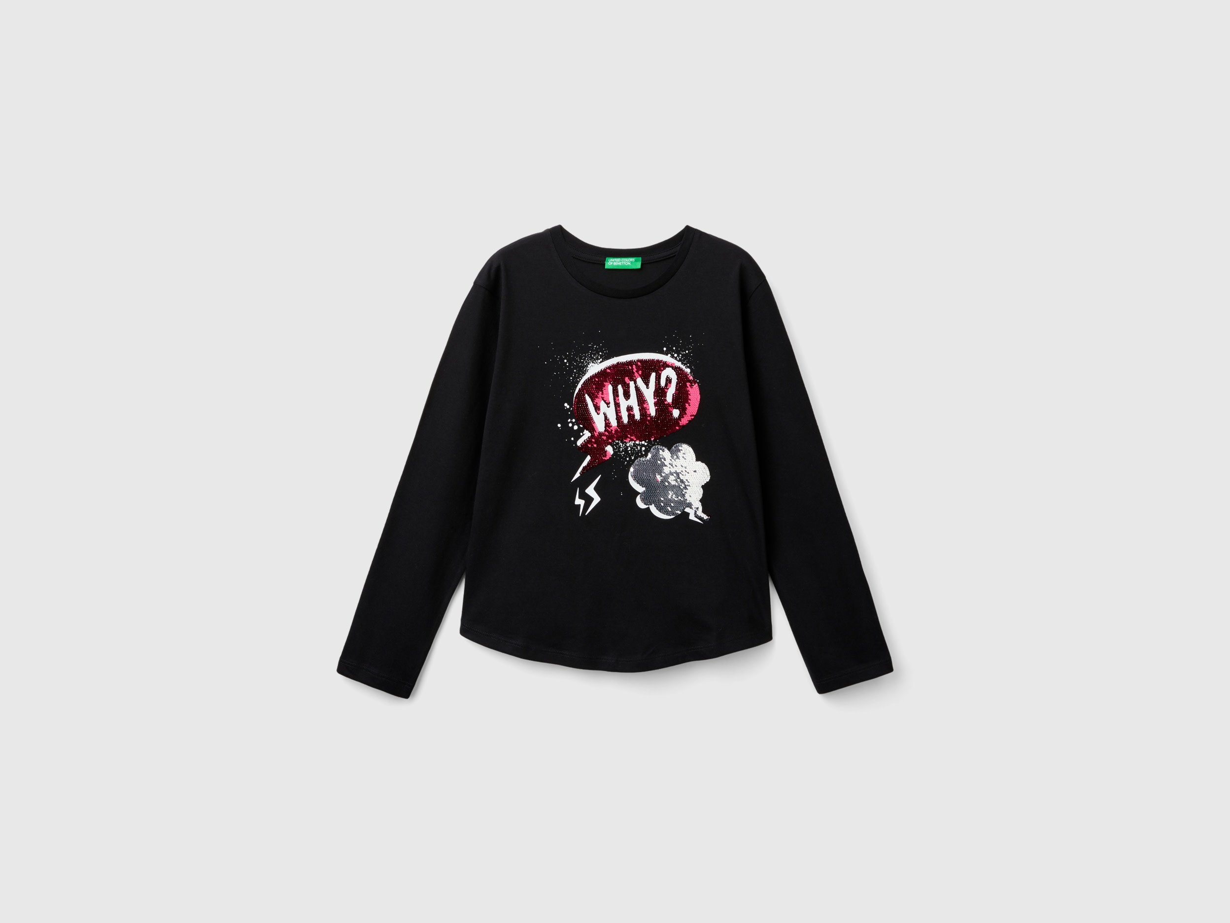 Benetton, Maglietta Con Paillettes In Cotone Bio, Nero, Bambini
