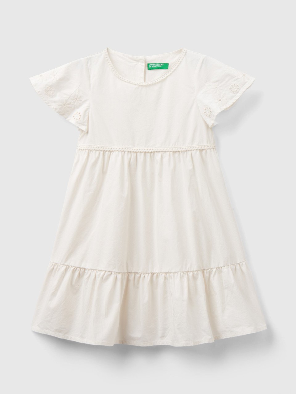 Benetton, Dress With Embroidery And Frill, Creamy White, Kids