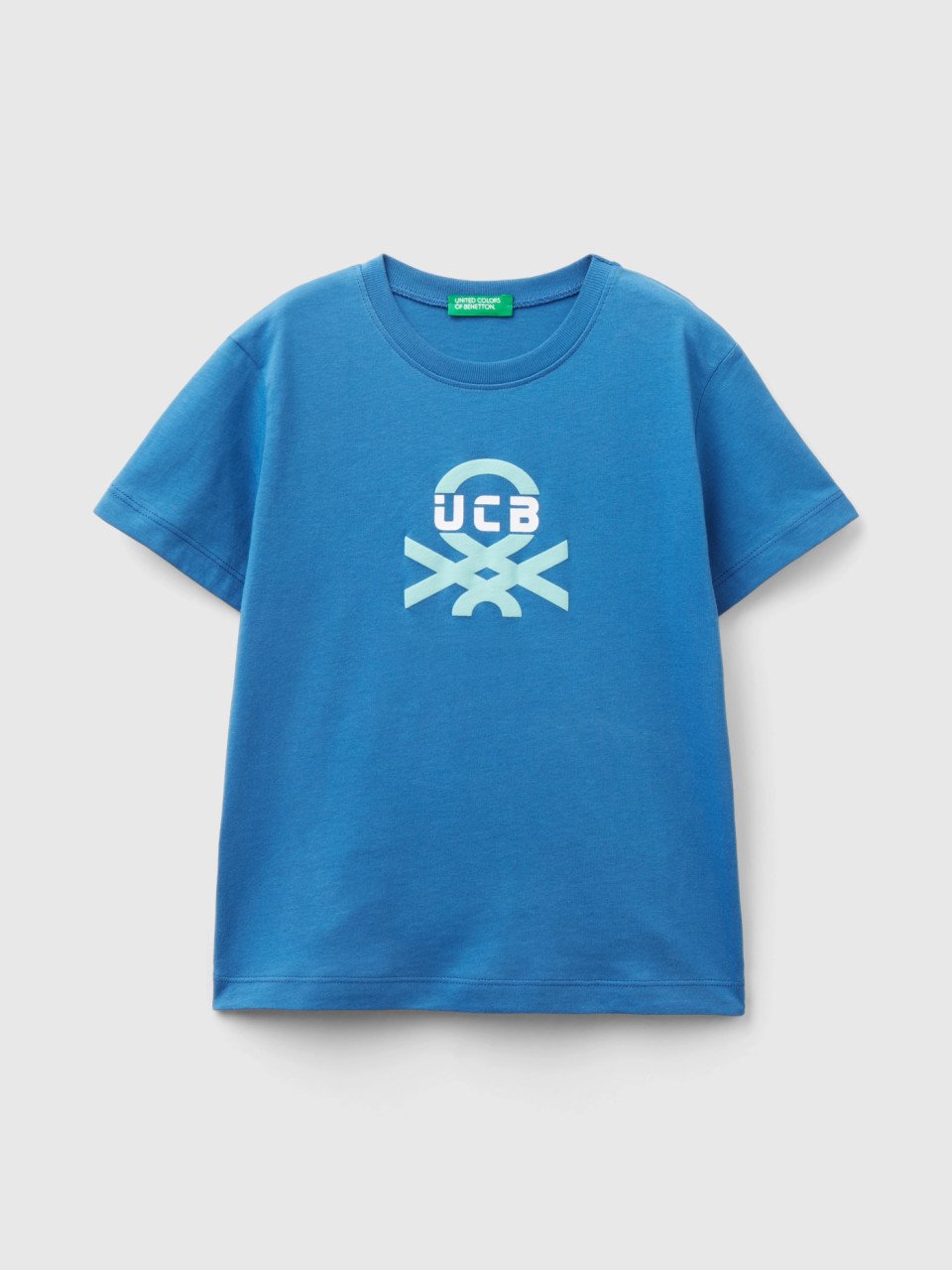 Benetton, T-shirt With Print In 100% Organic Cotton, Blue, Kids