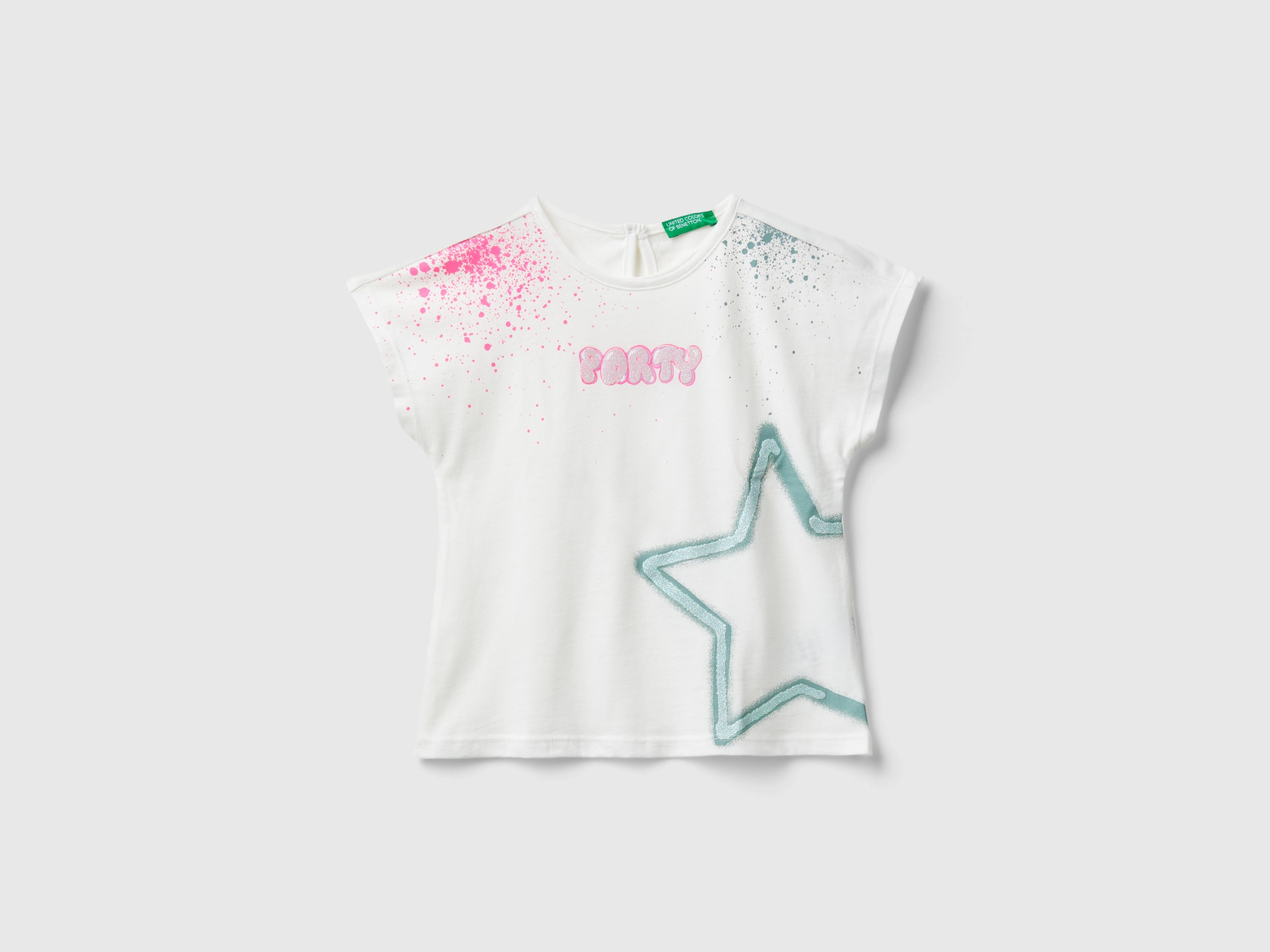 Benetton, Maglietta Con Stampa Glitter, Bianco Panna, Bambini