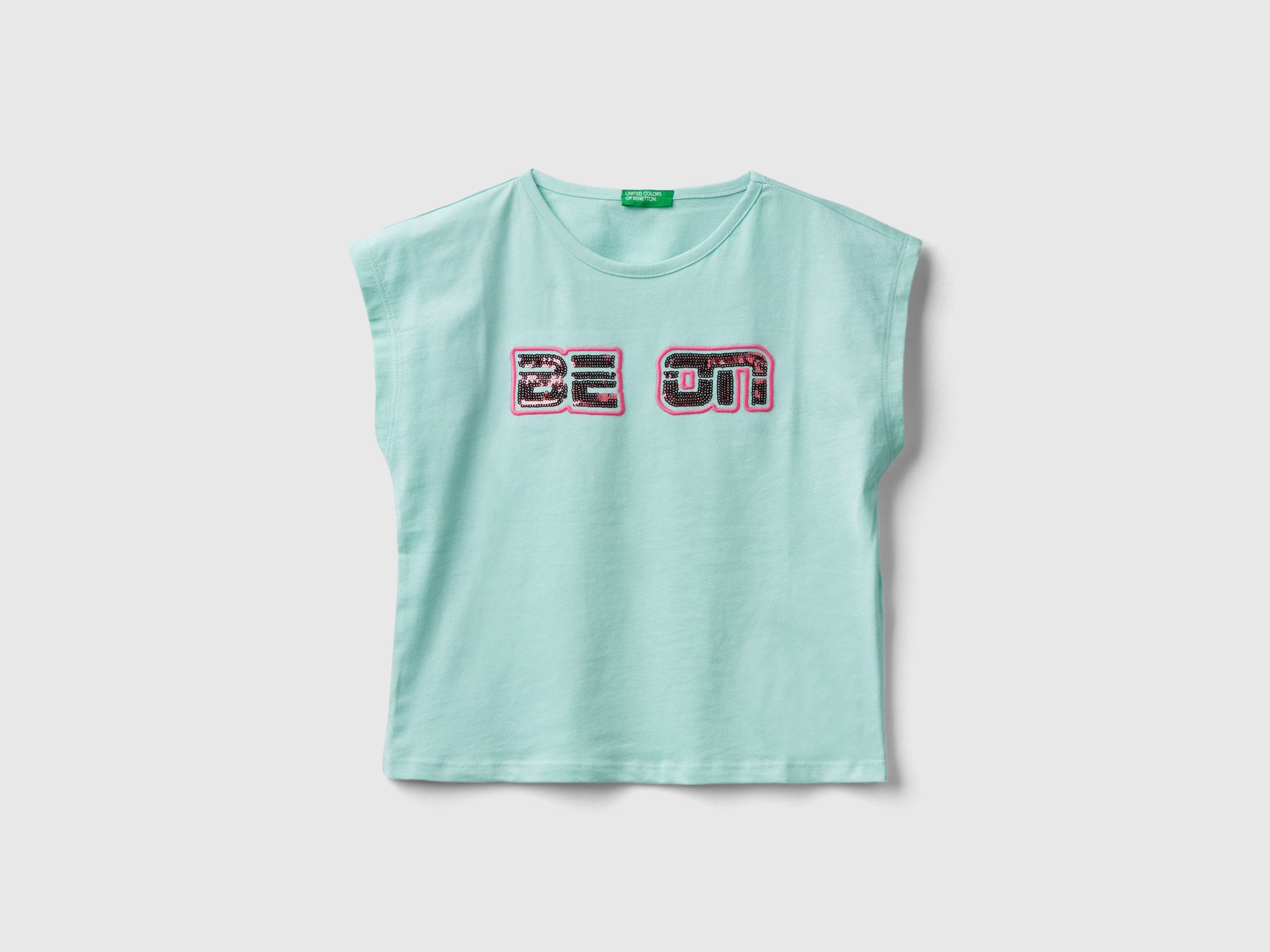 Image of Benetton, T-shirt With Sequins, size 2XL, Aqua, Kids