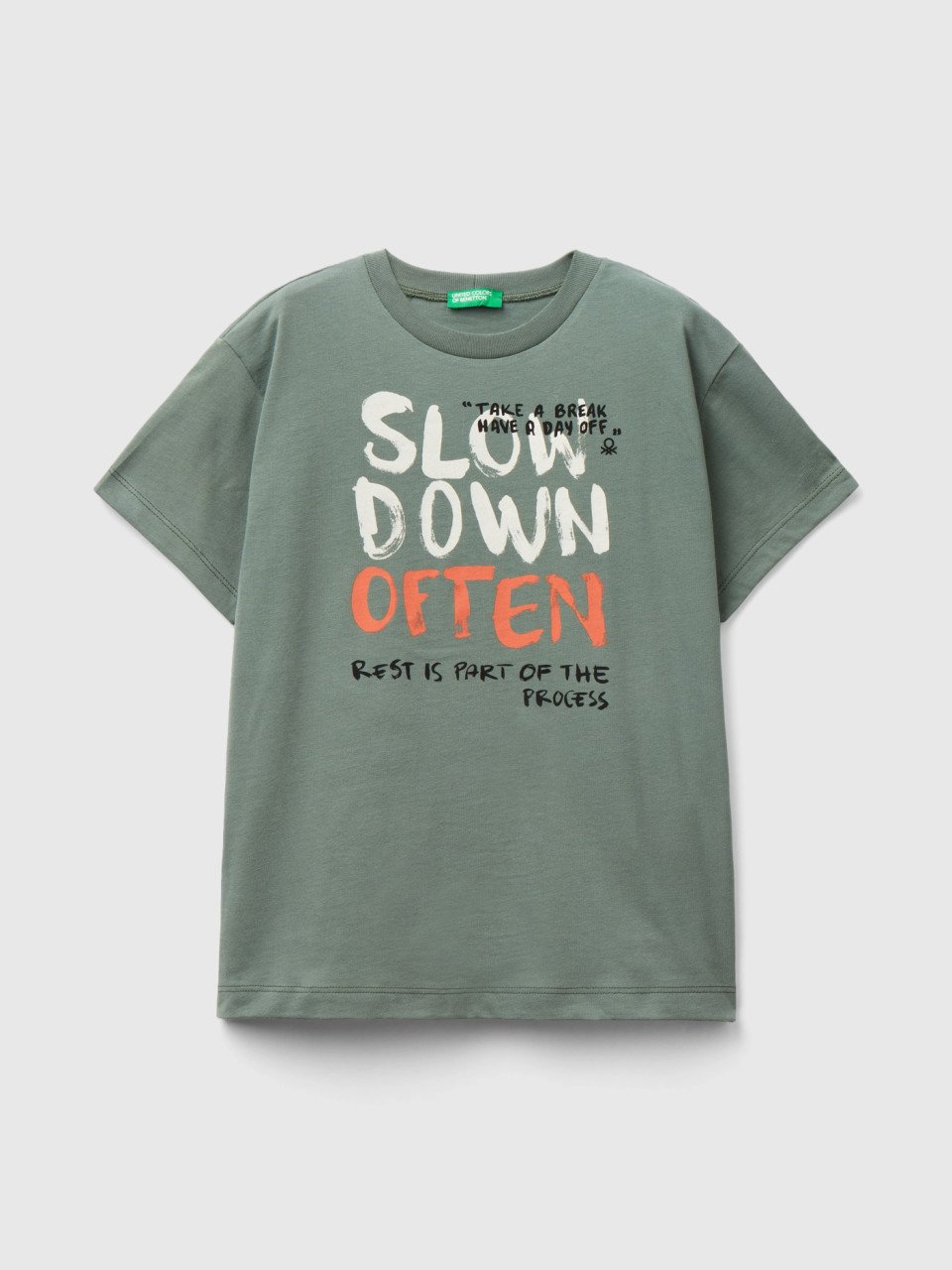 Benetton, T-shirt In Organic Cotton With Print, Military Green, Kids