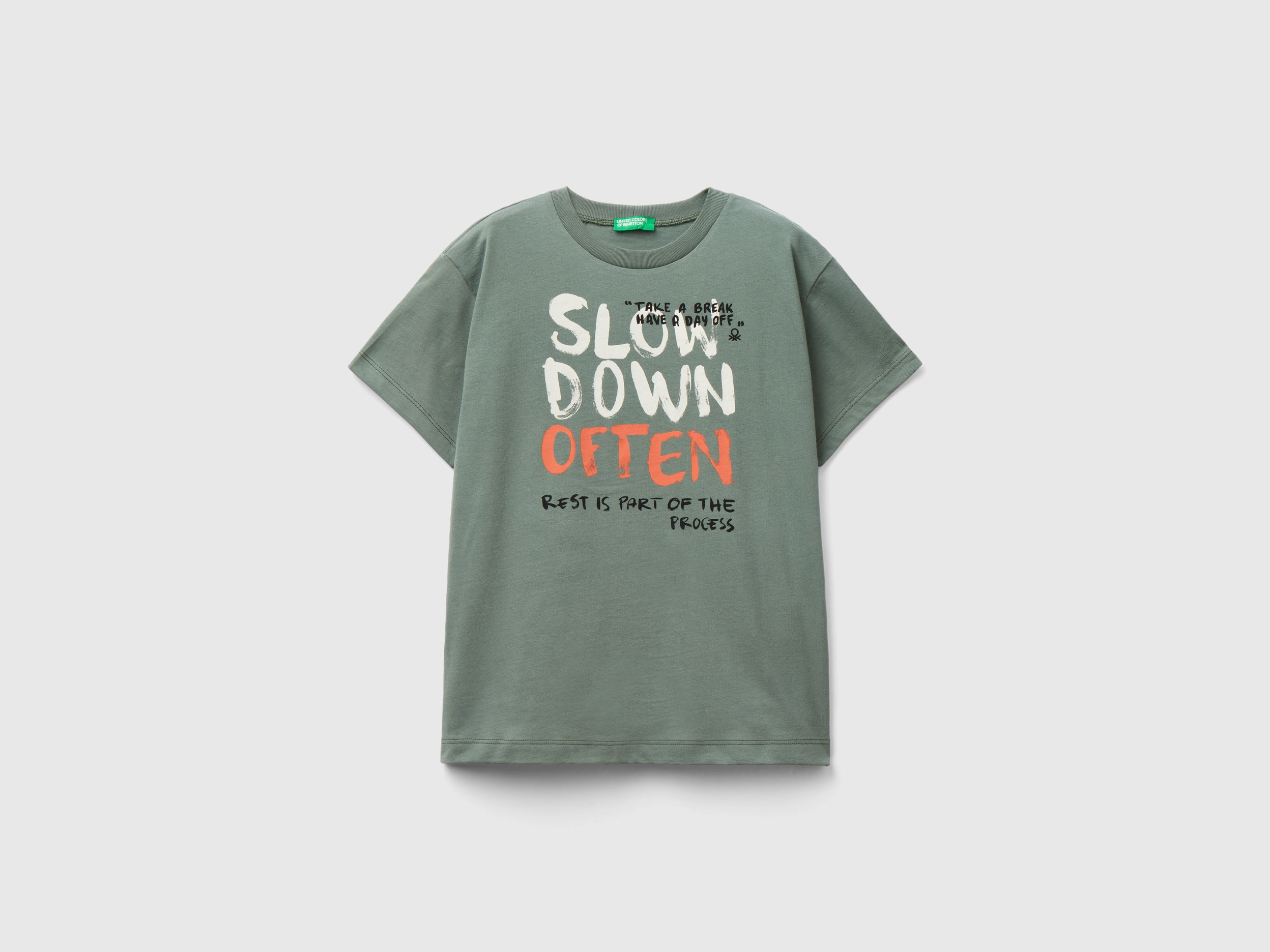 Image of Benetton, T-shirt In Organic Cotton With Print, size 2XL, Military Green, Kids