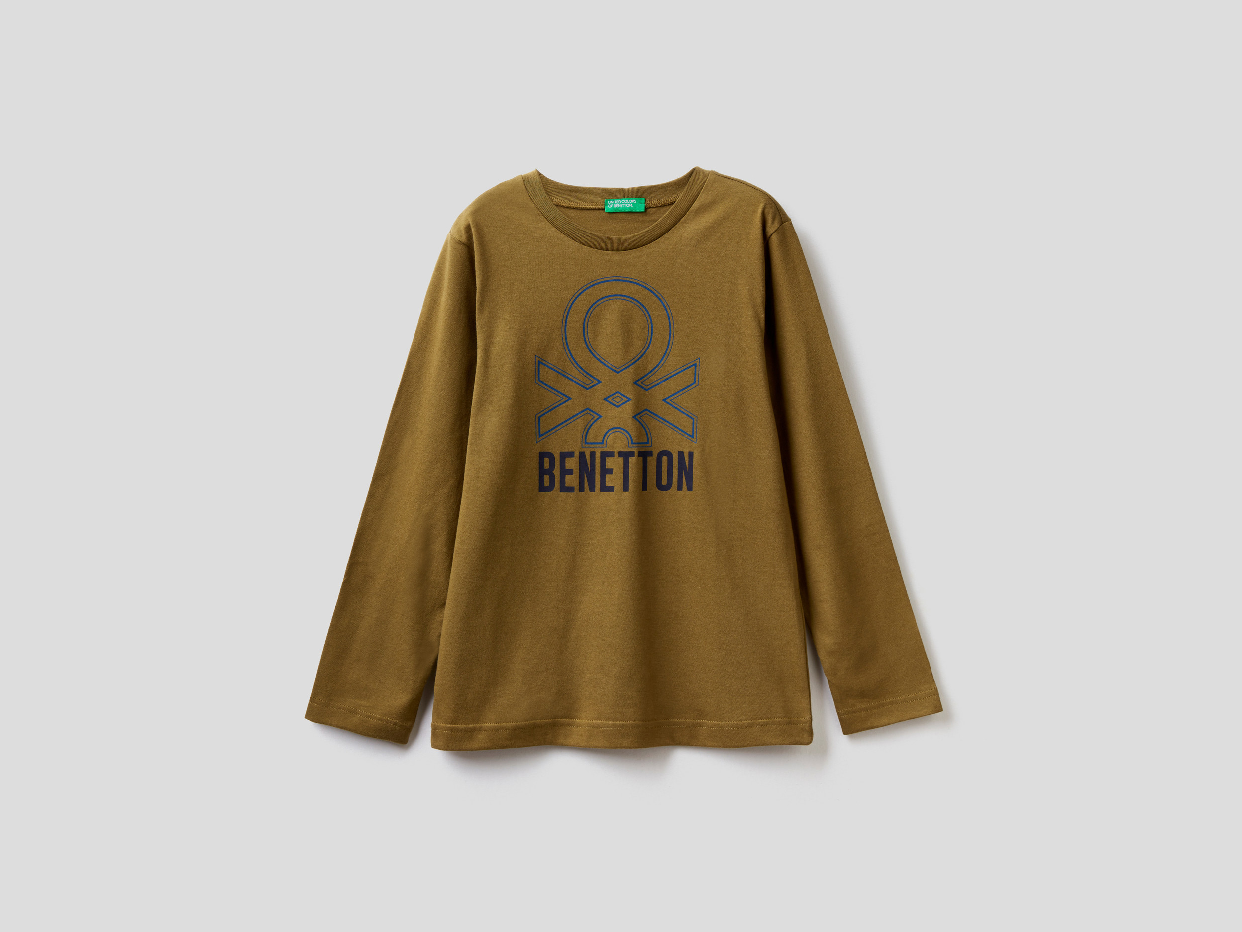 Benetton, T shirt Manica Lunga In Cotone Bio, Verde Militare, Bambini