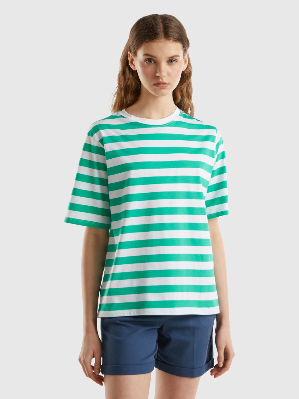 Benetton, Camiseta De Rayas Comfort Fit, Verde Petróleo, Mujer