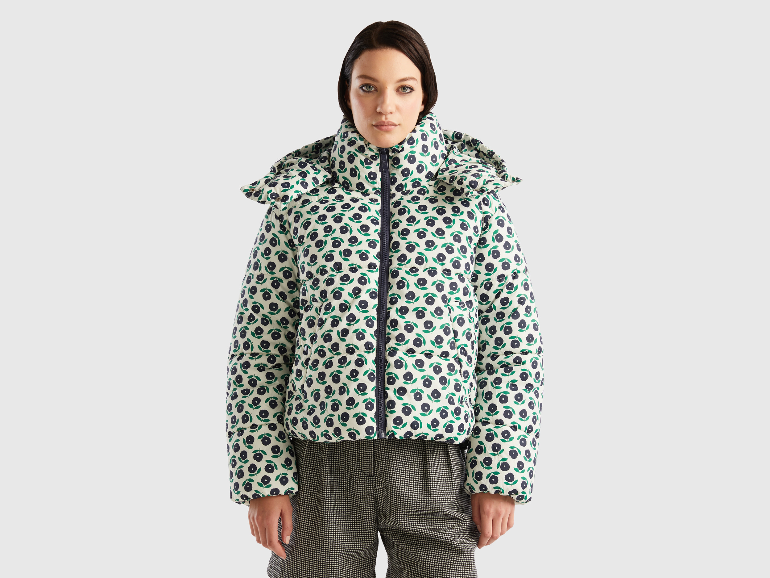 Benetton, Padded Jacket With Flower Print, size L, White, Women