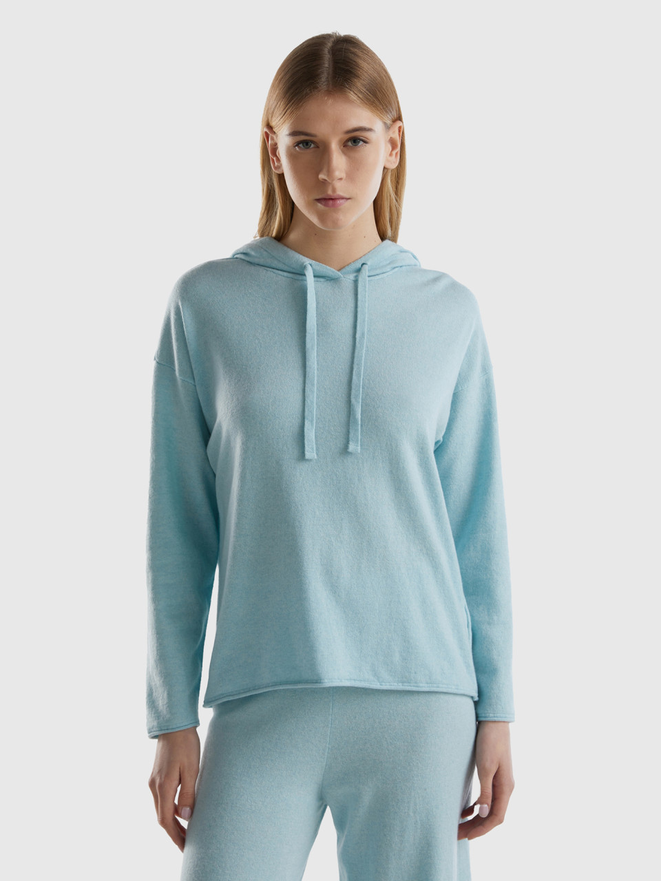 Benetton, Aqua Cashmere Blend Sweater With Hood, Aqua, Women