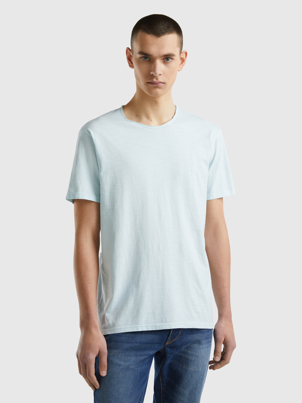 Benetton, T-shirt In Hellem Wassergrün Aus Geflammter Baumwolle, Türkisblau, male