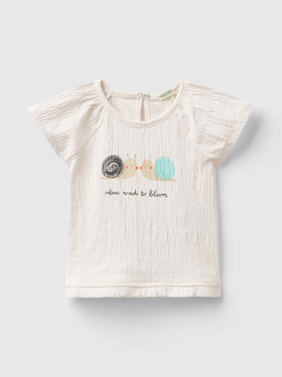Benetton, T-shirt With Print And Rouches, Creamy White, Kids