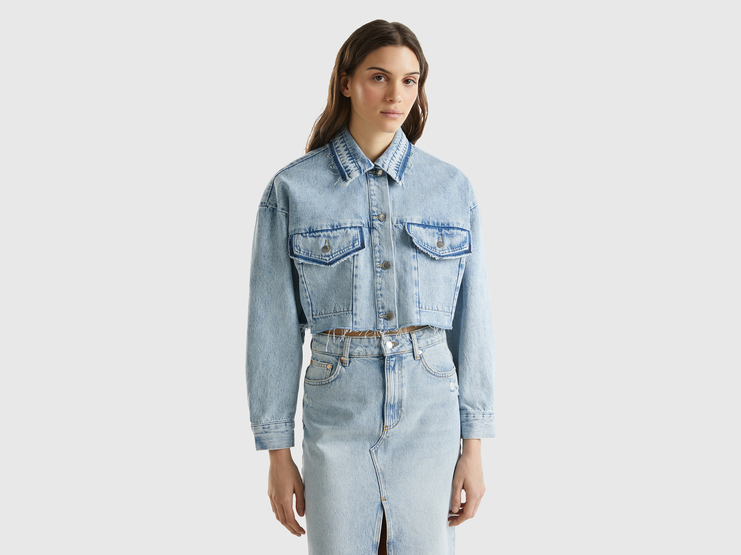 Benetton, Giubbino Di Jeans Cropped, Blu Chiaro, Donna