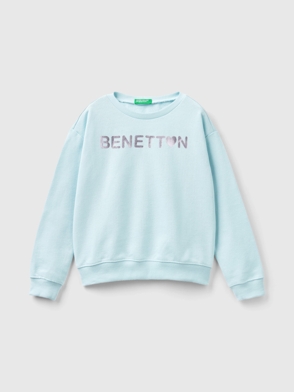 Benetton, 100% Cotton Sweatshirt With Logo, Aqua, Kids