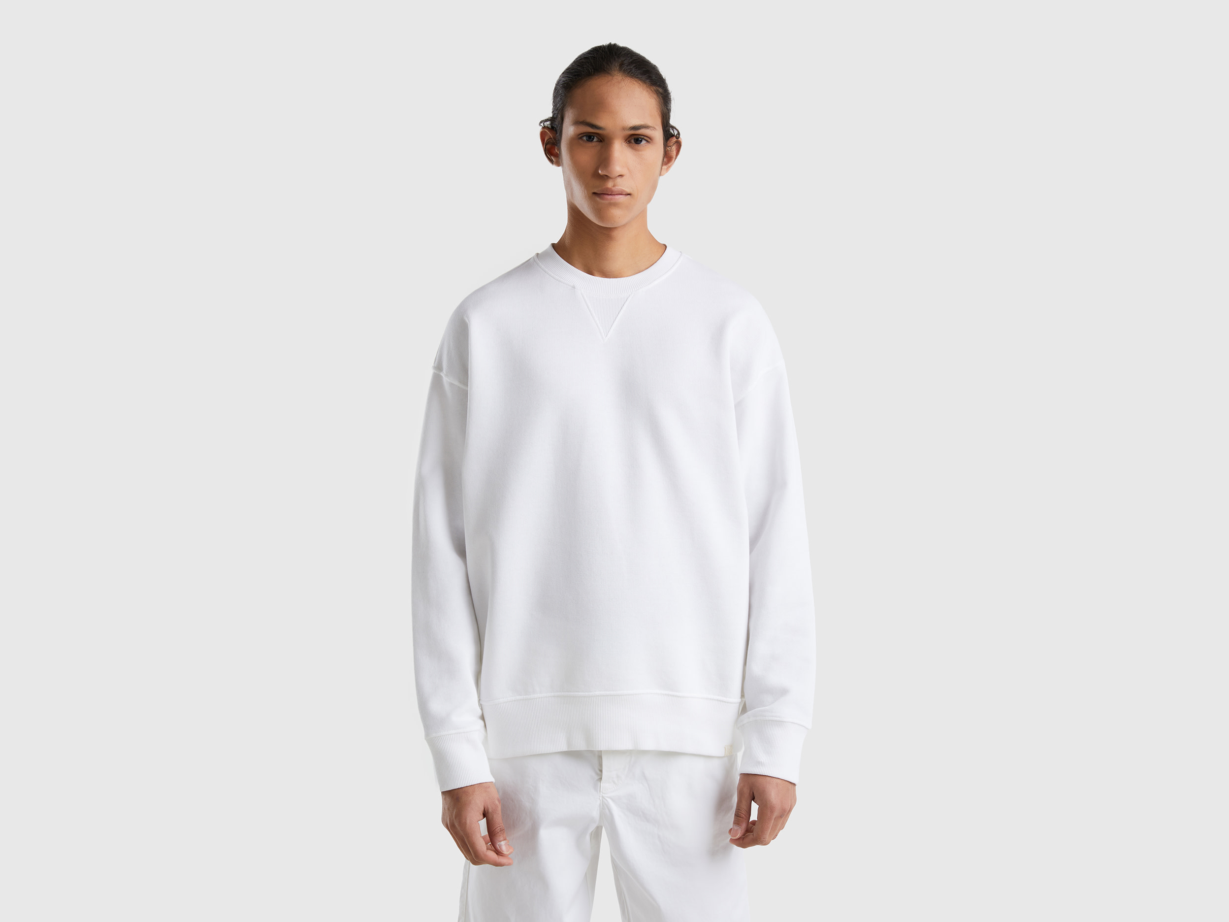 Benetton, 100% Cotton Pullover Sweatshirt, Size S, White, Men