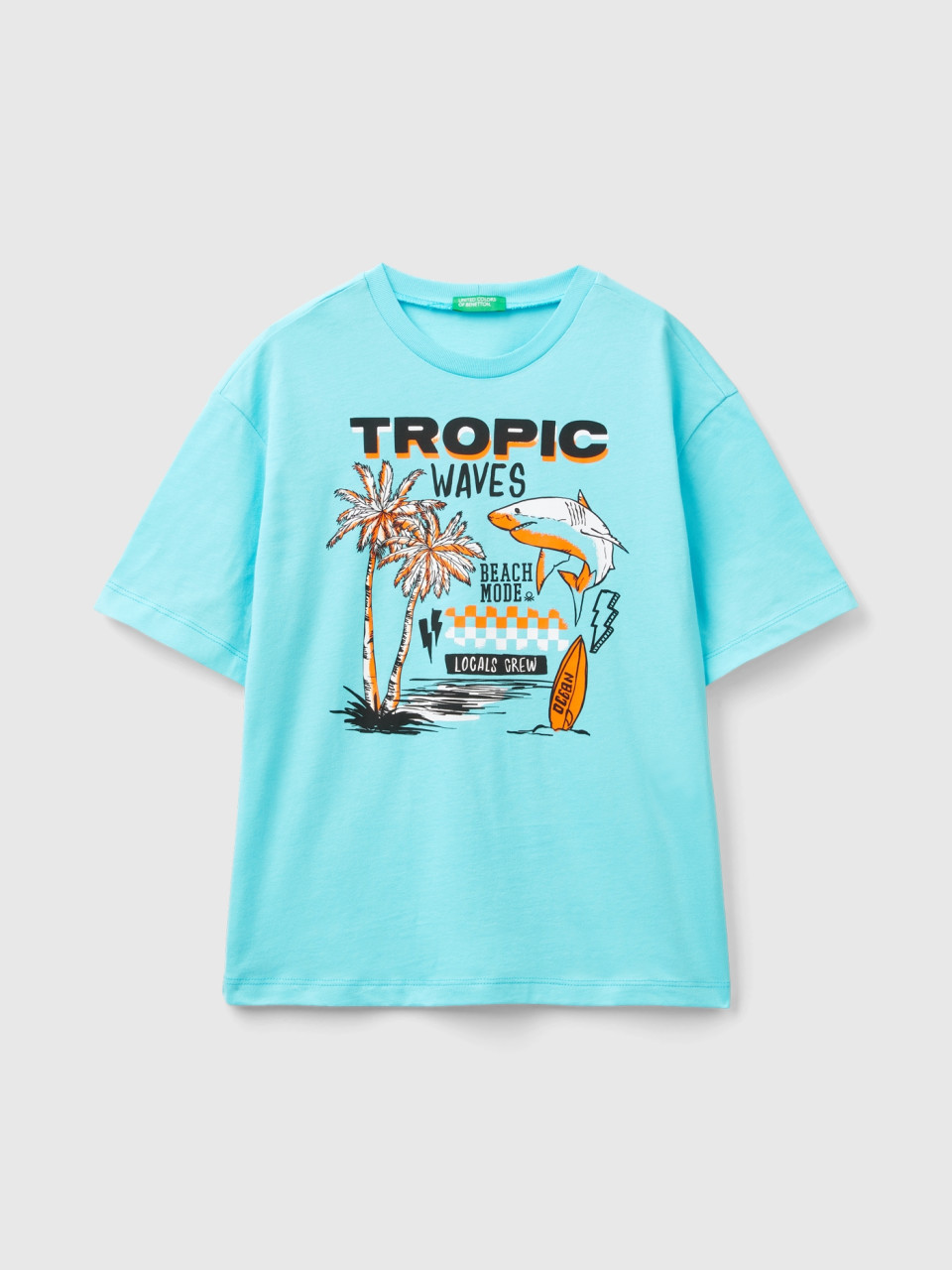Benetton, Oversize T-shirt With Print, Turquoise, Kids