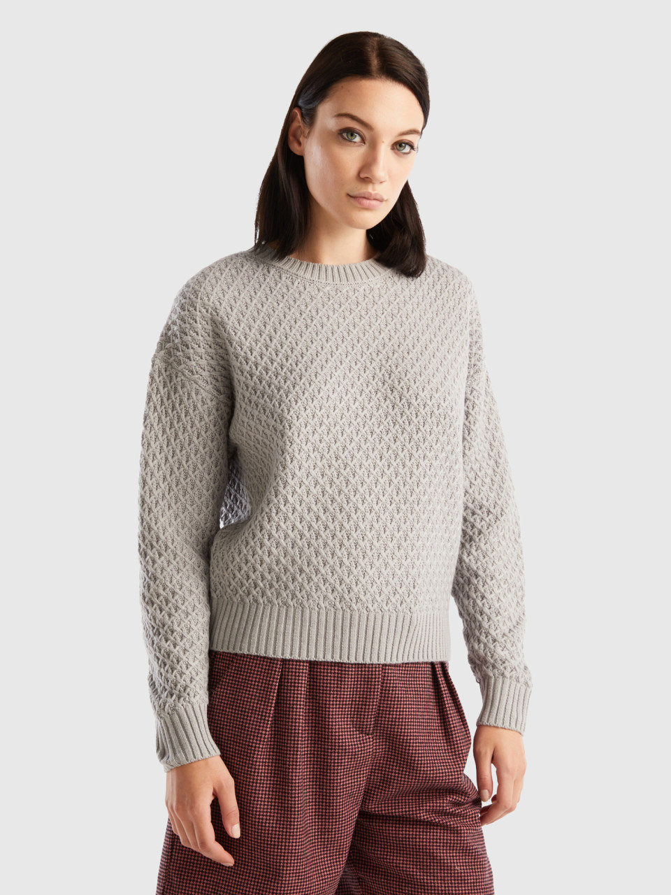 Benetton, Boxy Fit Knit Sweater, Gray, Women