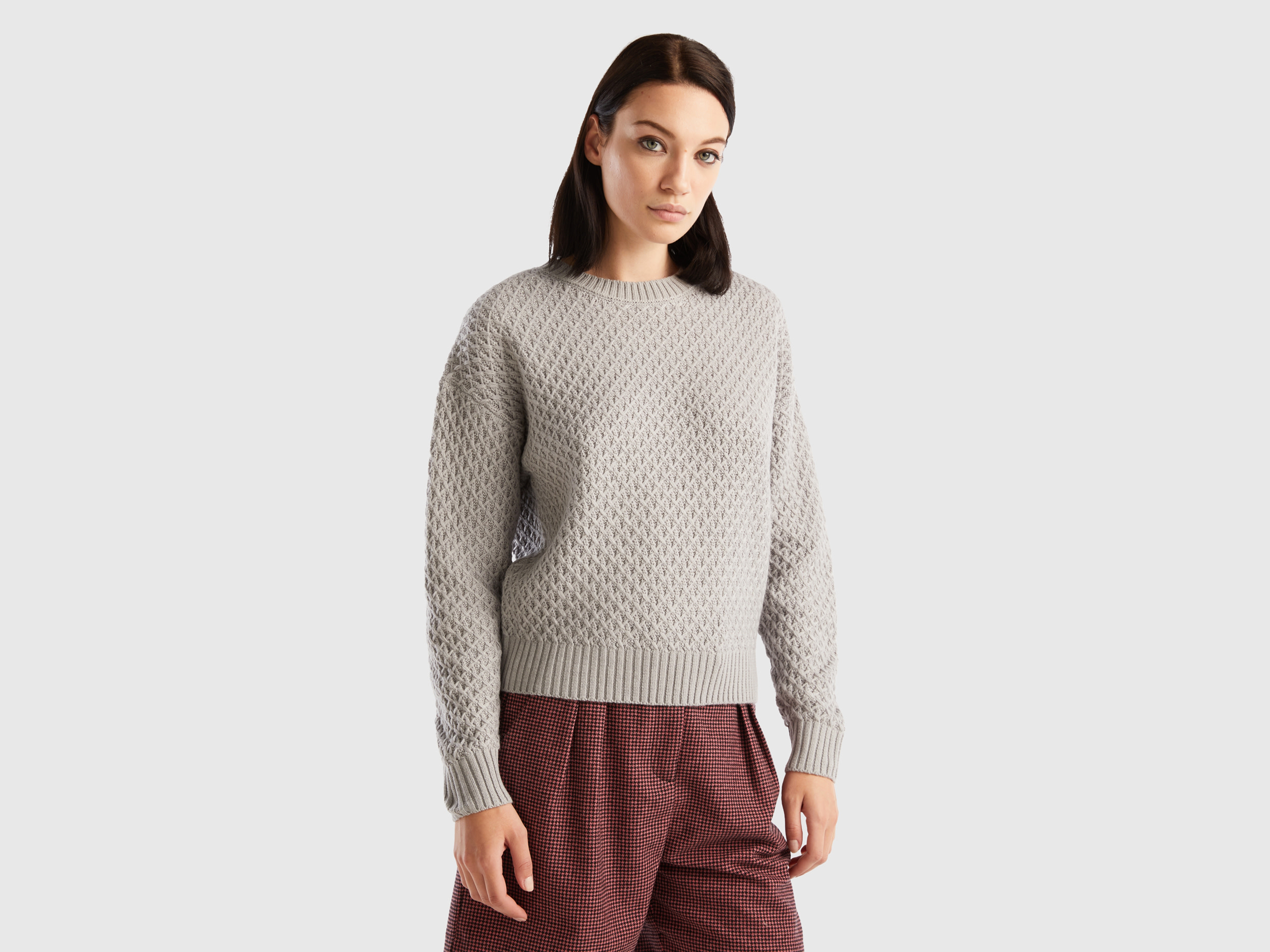 Benetton, Boxy Fit Knit Sweater, size M, Gray, Women