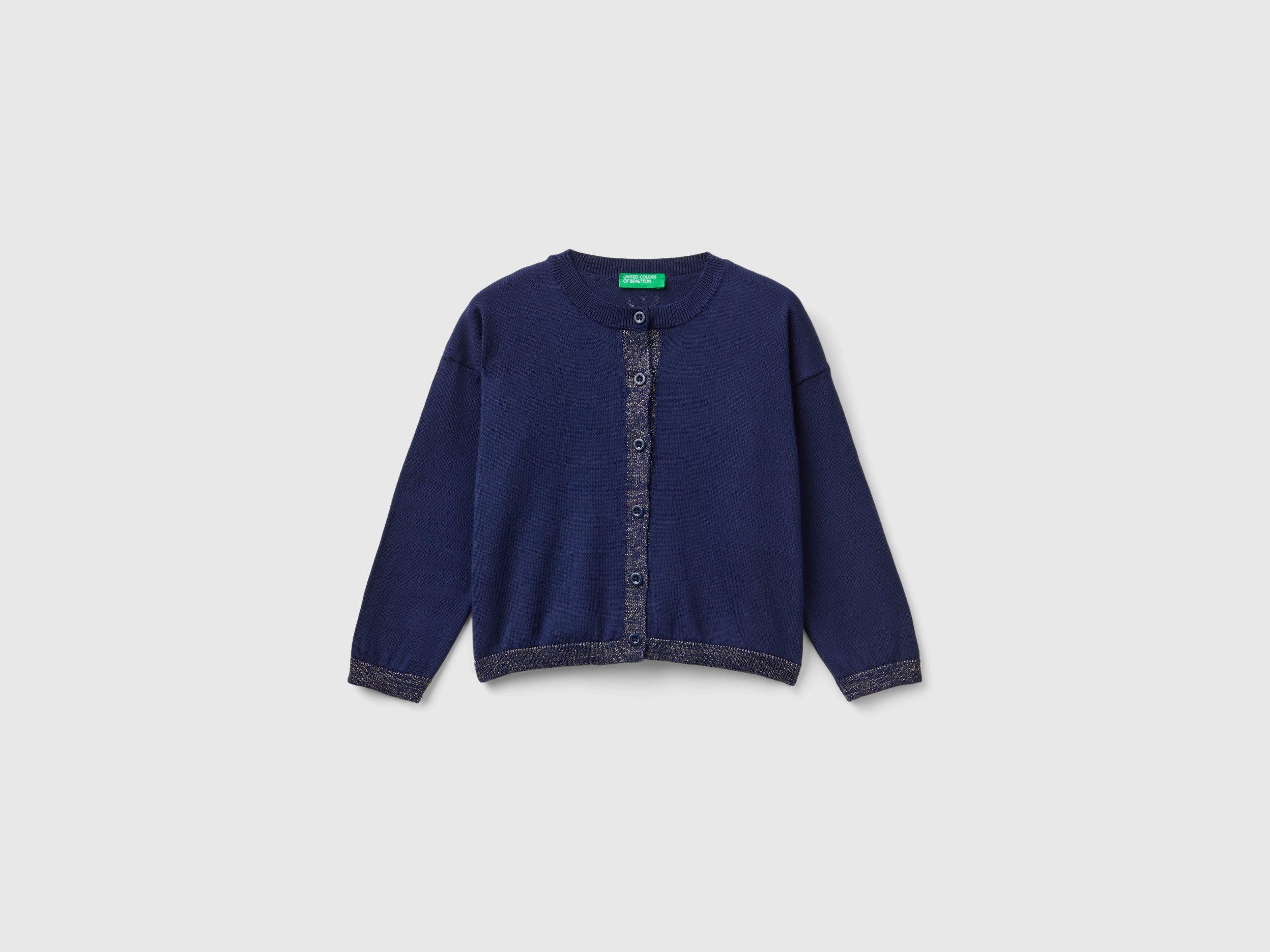 Benetton, Cardigan Con Lurex In Puro Cotone, Blu Scuro, Bambini