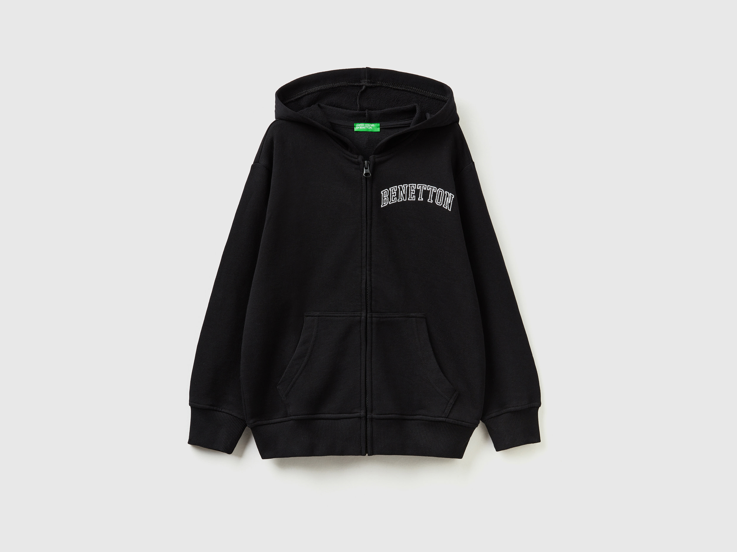 Benetton, Hoodie With Zip And Embroidered Logo, size L, Black, Kids