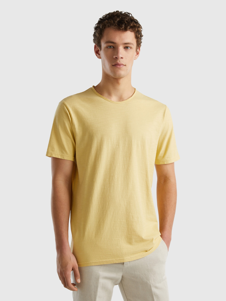 Benetton, Pastel Yellow Slub Cotton T-shirt, Yellow, Men