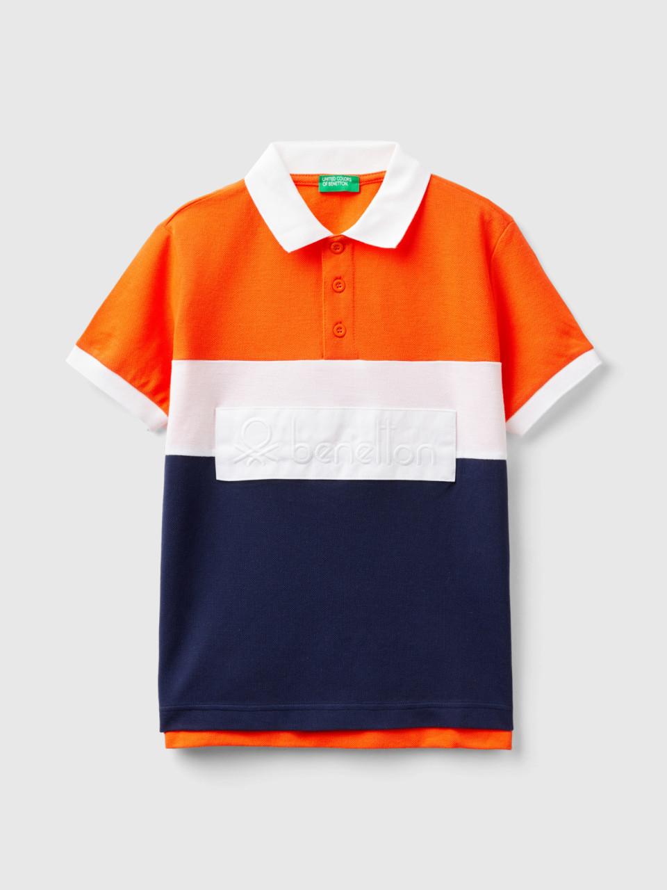 Benetton, Color Block Polo Shirt In Organic Cotton, Orange, Kids
