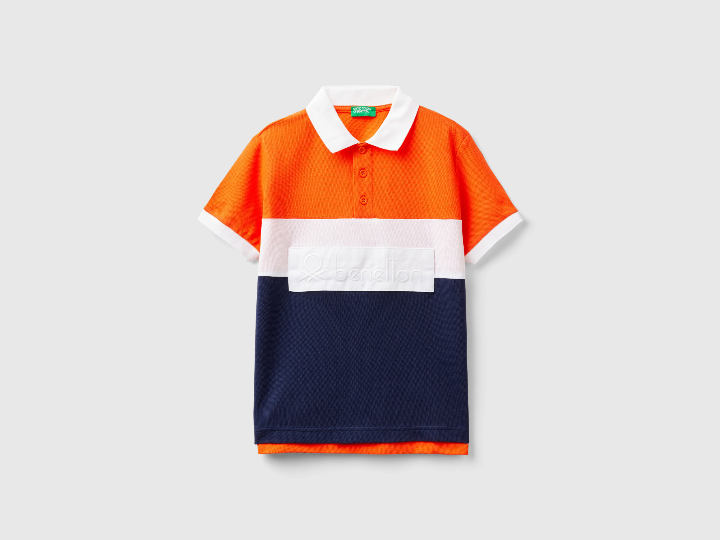 Image of Benetton, Color Block Polo Shirt In Organic Cotton, size S, Orange, Kids