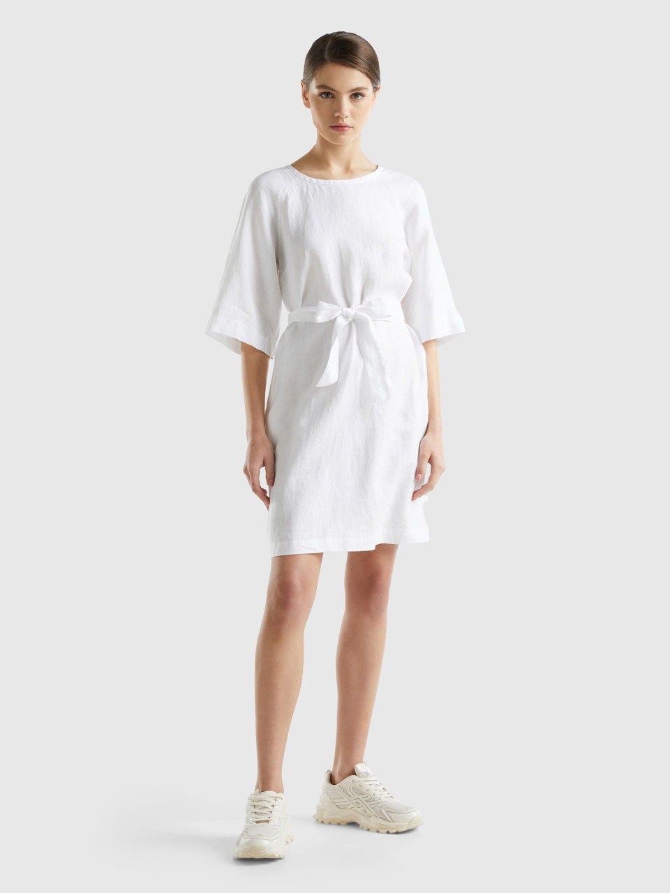 Benetton, Short Dress In Pure Linen, White, Women