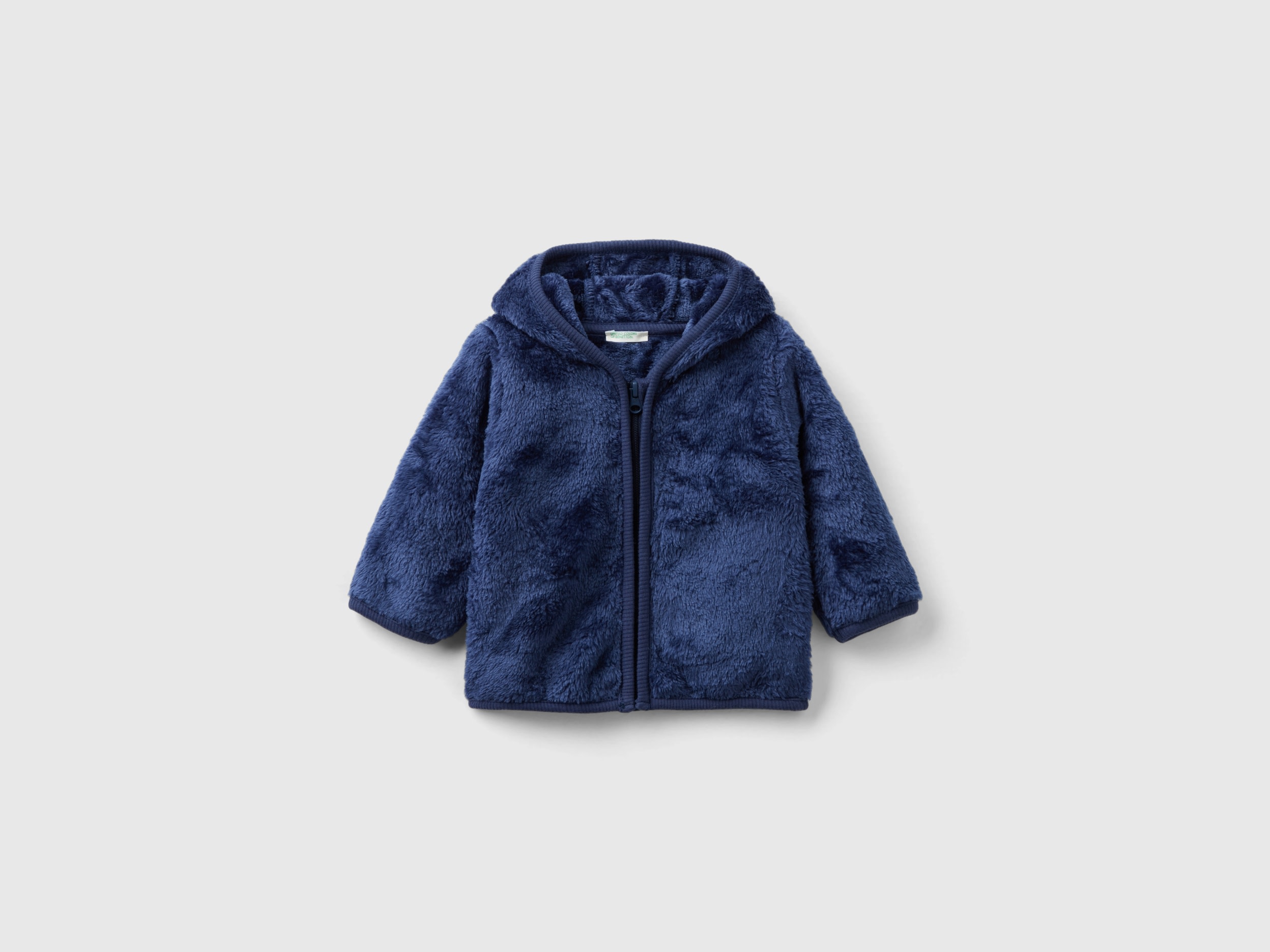 Benetton, Faux Fur Sweatshirt With Zip, size 6-9, Dark Blue, Kids