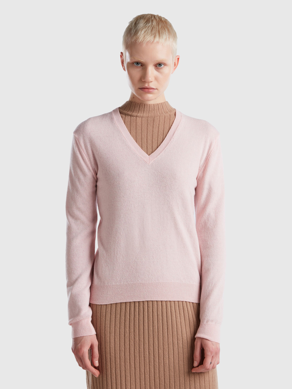 Benetton, Pastel Pink V-neck Sweater In Pure Merino Wool, Pastel Pink, Women