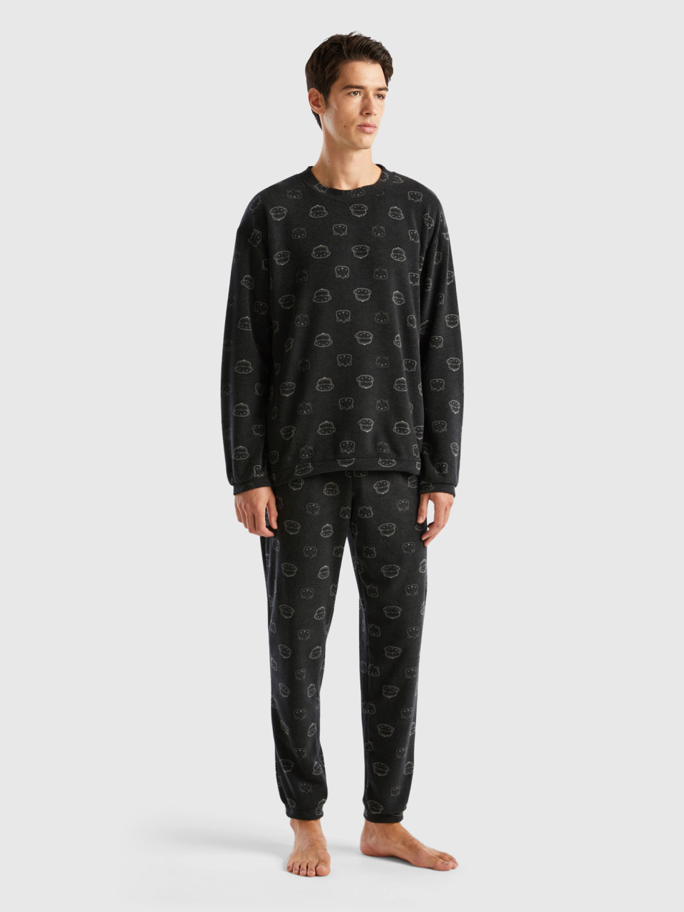 Benetton, Fleece Pyjamas With Mascot Print, Black, Men