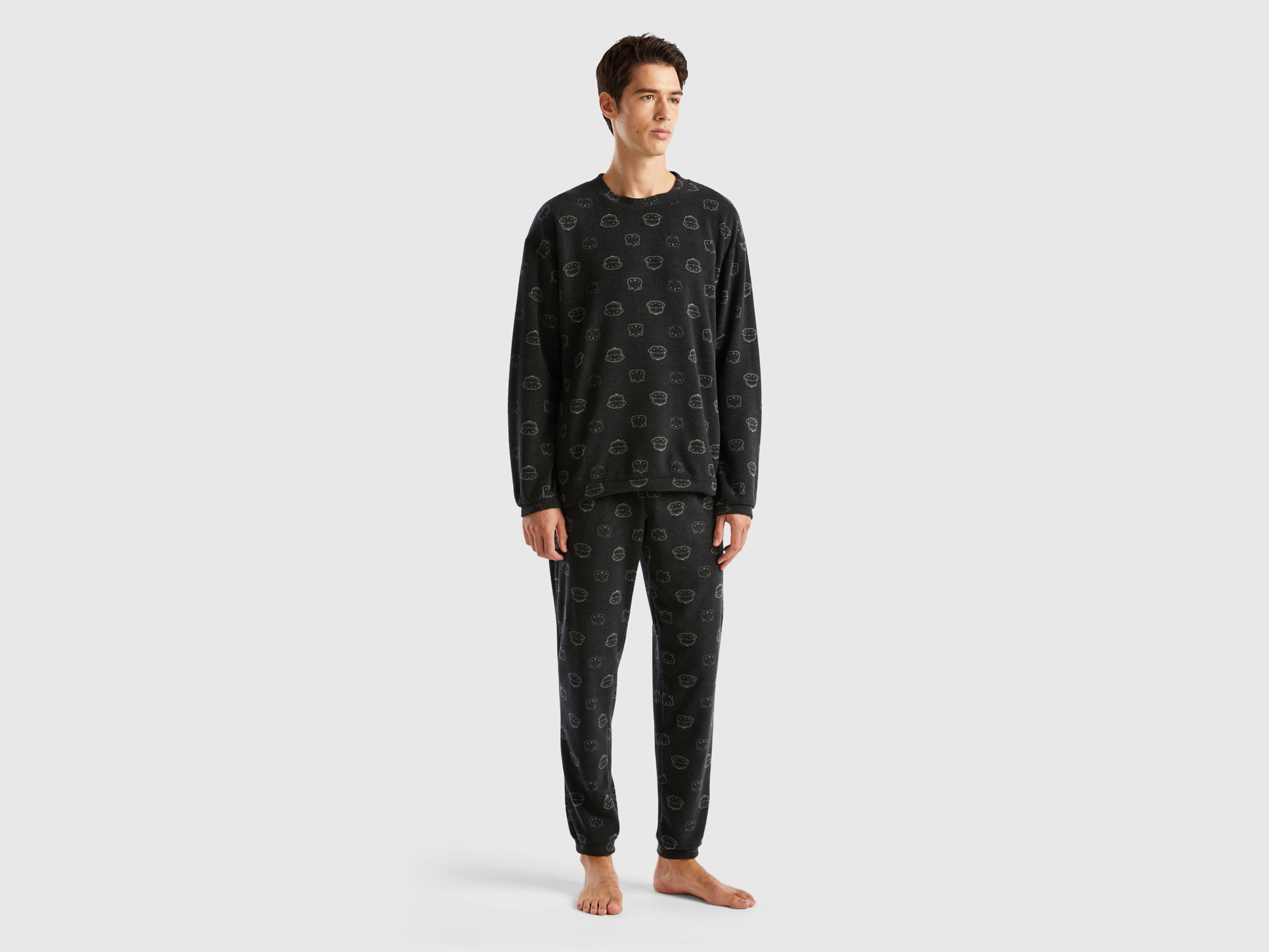 Benetton, Fleece Pyjamas With Mascot Print, size M, Black, Men