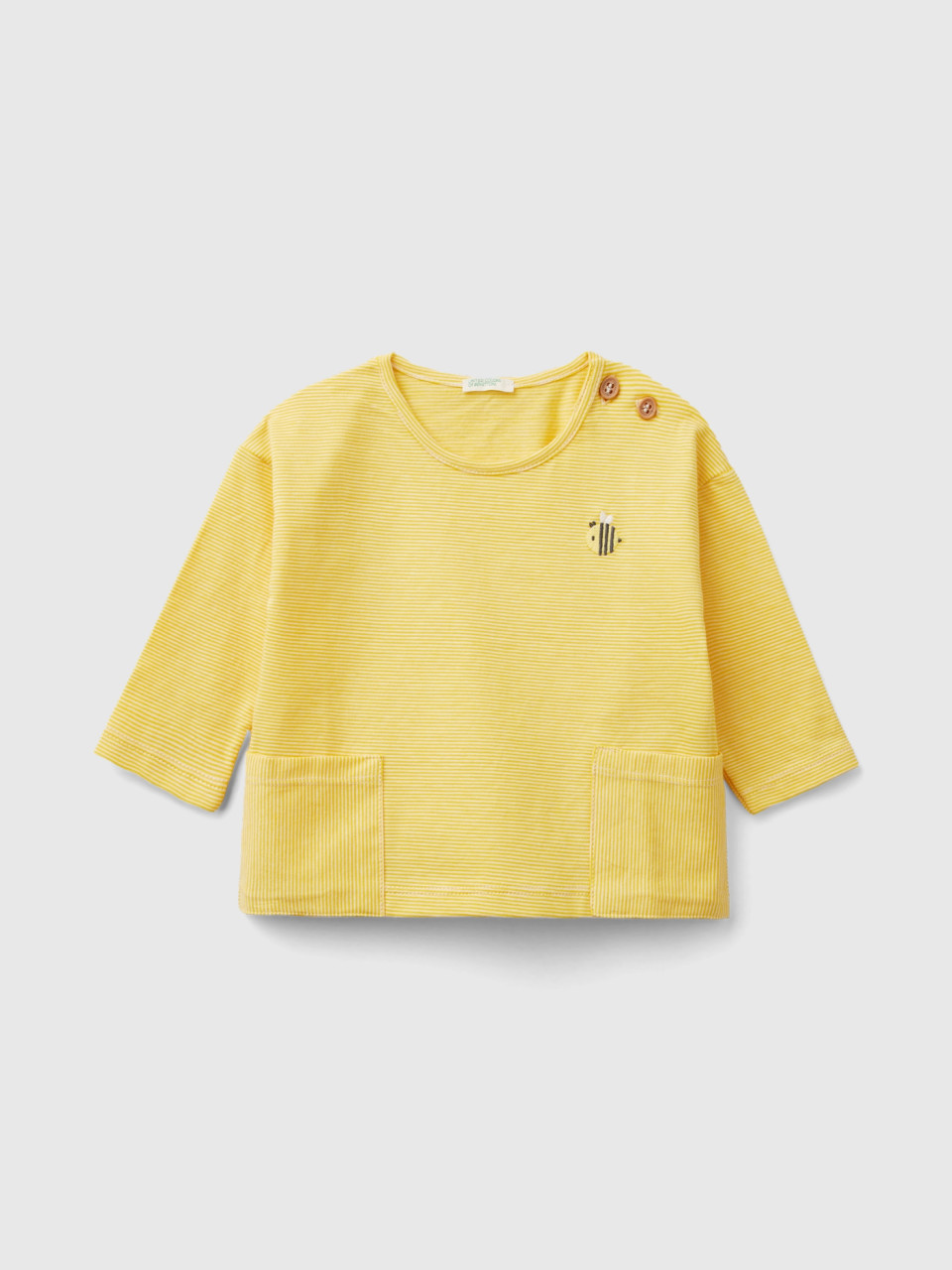 Benetton, Camiseta De 100 % Algodón Con Bordado, Amarillo, Niños