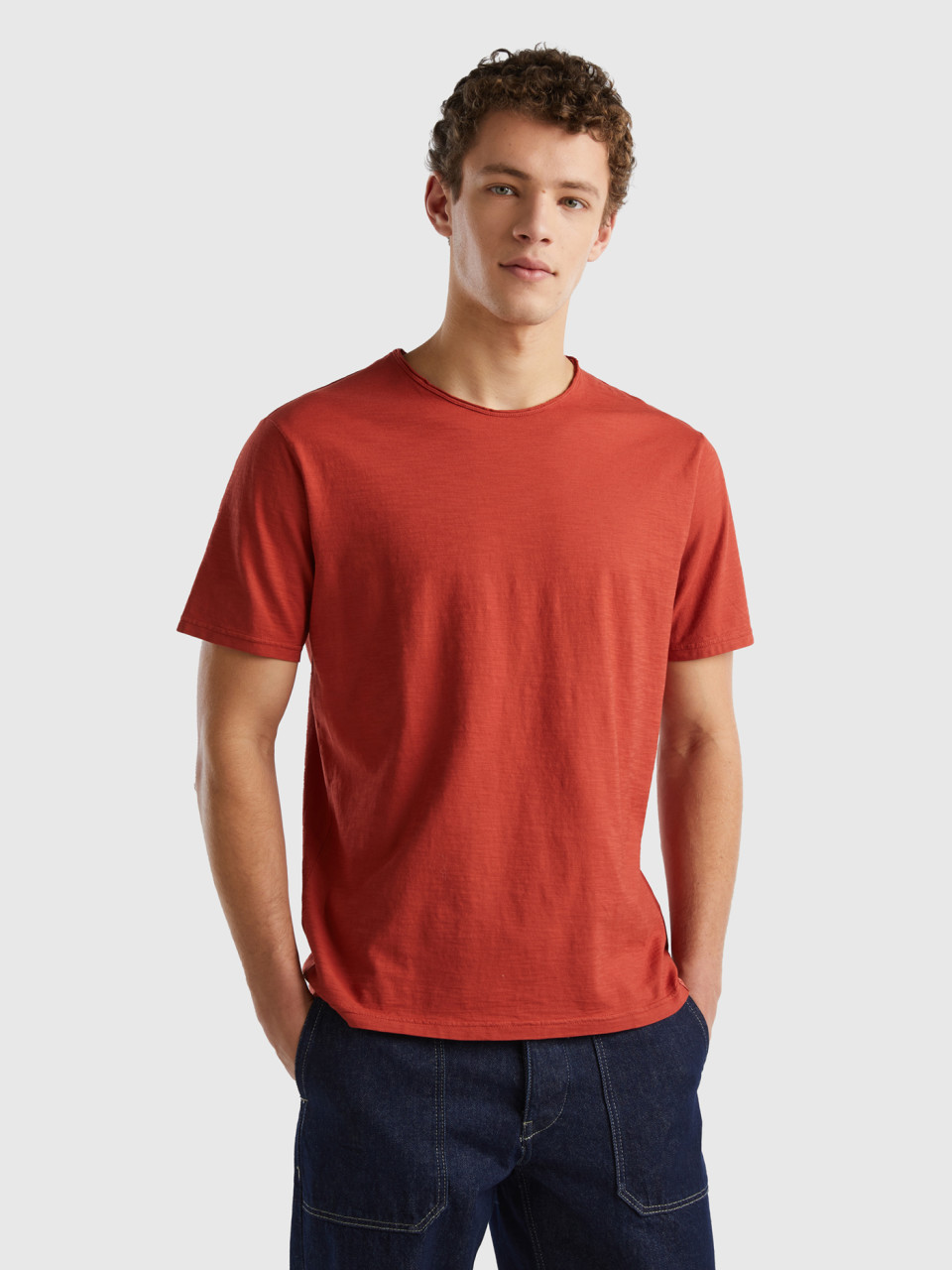 Benetton, T-shirt Rouge Foncé En Coton Flammé, Rouge Brique, Homme